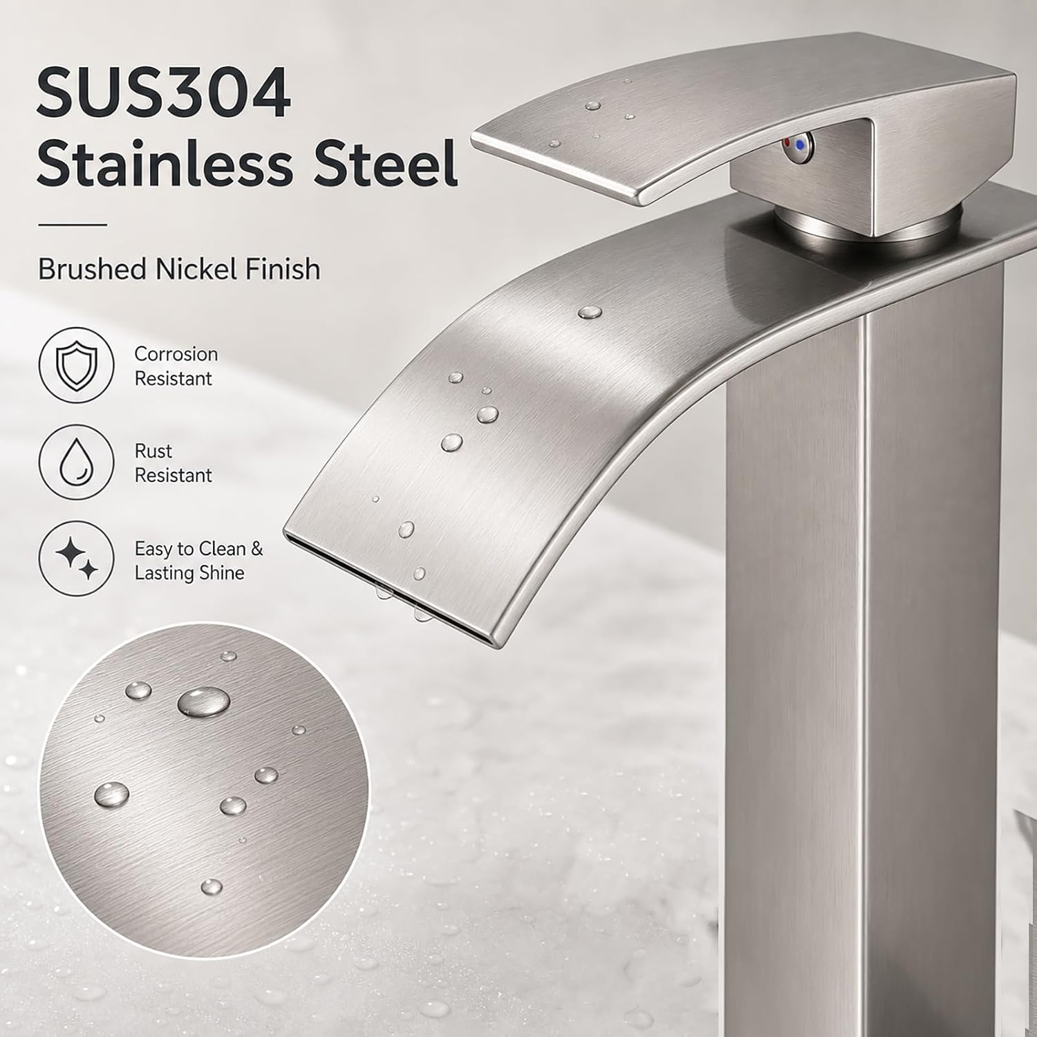 Detalle 2 de VOTON V-1727L Vessel Sink Faucet, Brushed Nickel Waterfall Spout