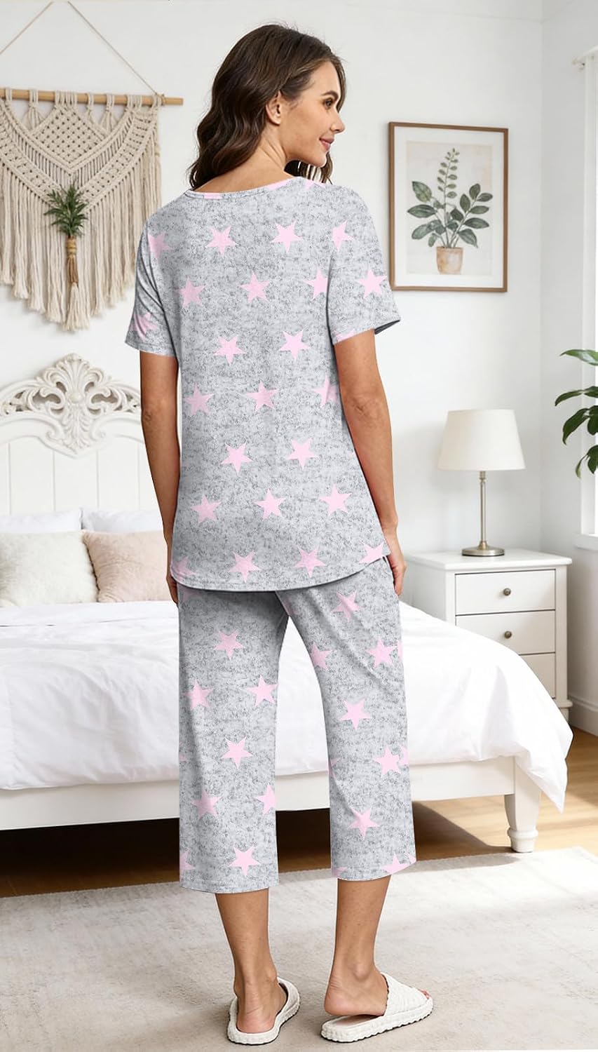 Detalle de Anyally Women's Pajama Set: Summer 2-Piece Short Sleeve Top + Capri Pants with Pockets