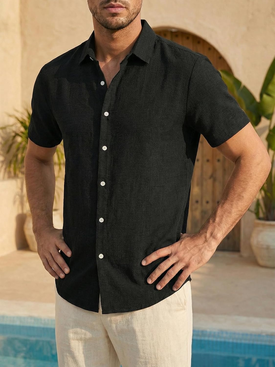 Detalle de Runcati Herren Hemd Kurzarm Leinenhemd – Regular Fit, Sommerleicht & Vielseitig