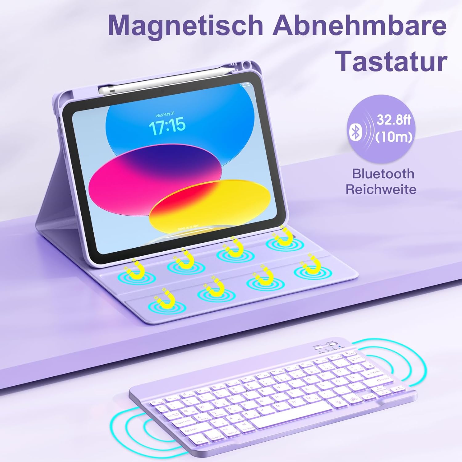 Thumbnail 3 de Vobafe Tastatur-Hülle für iPad A16 (11/10.9 Zoll) mit abnehmbarer Magnet-Tastatur & beleuchteten Tasten – Lavendel