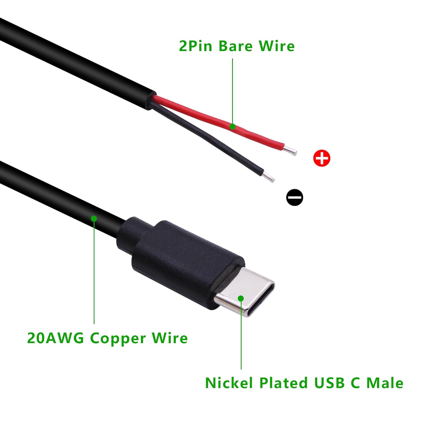 Detalle 2 de Xilaghy USB C 2 Pin Power Pigtail Cable 1M/3.2ft (2 Pack) – DIY Power Cord Replacement