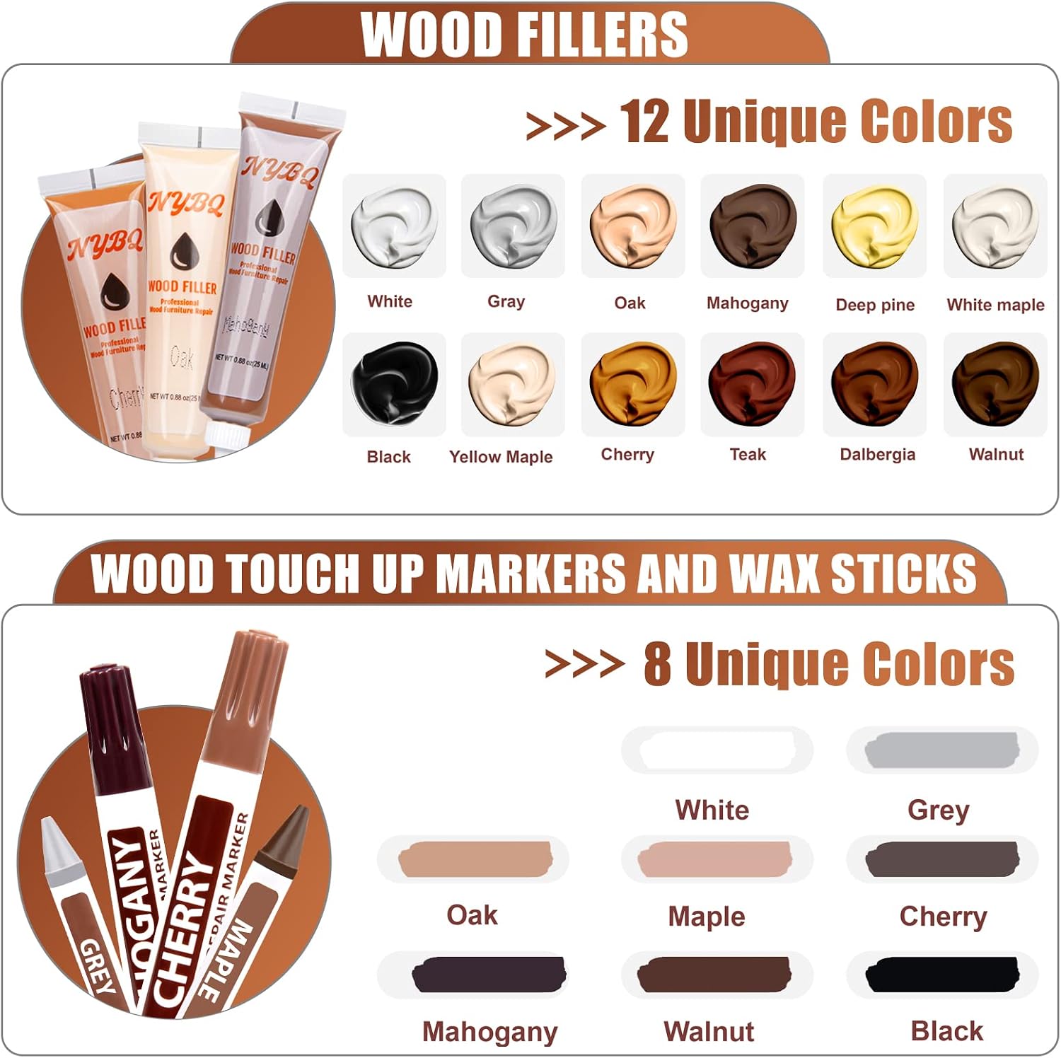 Detalle de NYBQ Wood Furniture Repair Kit, 41-Piece Wood Filler and Touch-Up Set, 20 Colours