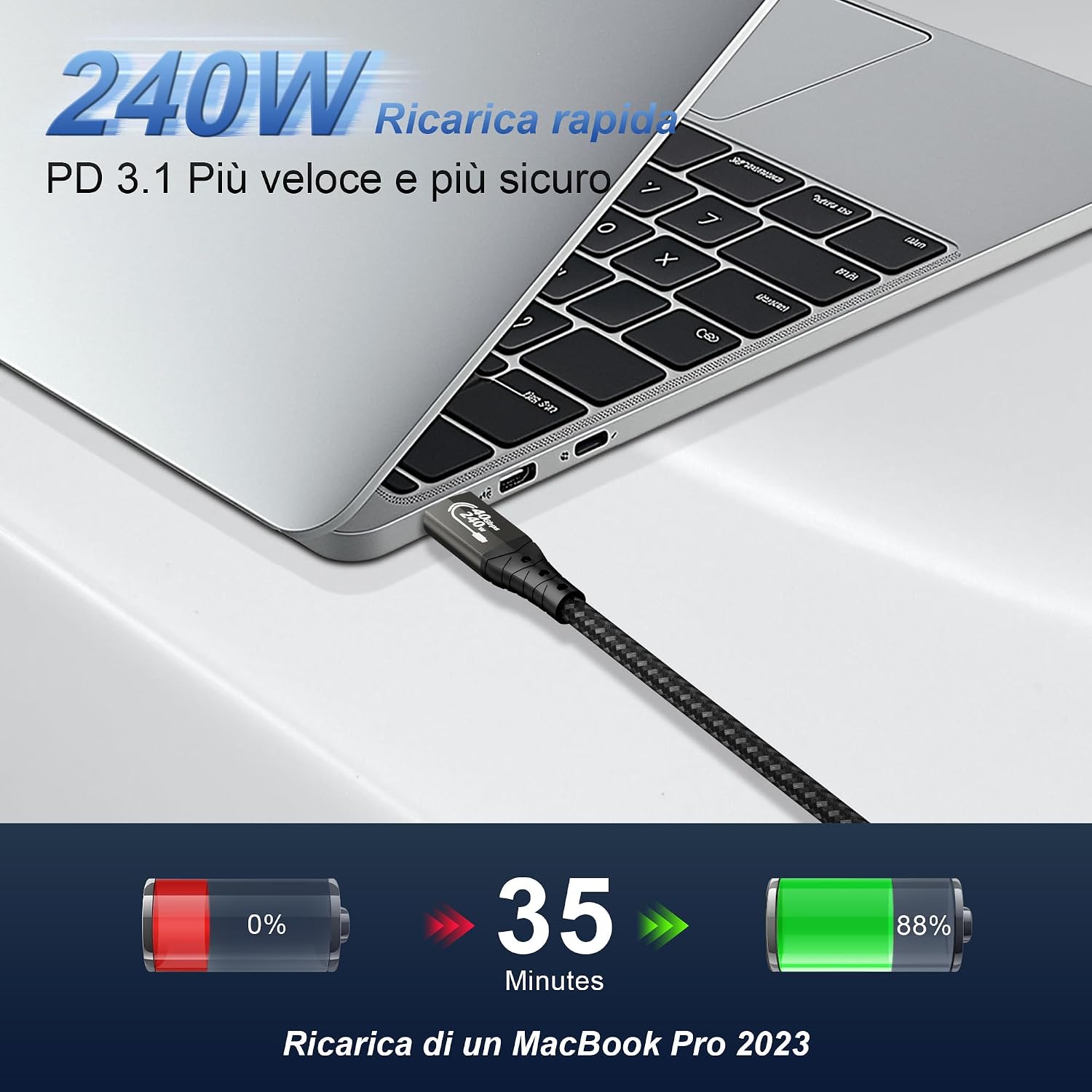 Detalle de Cavo Thunderbolt 4 ZIKNYDO da 3 m: 40 Gbps, 8K/4K, PD 240W e USB-C a USB-C