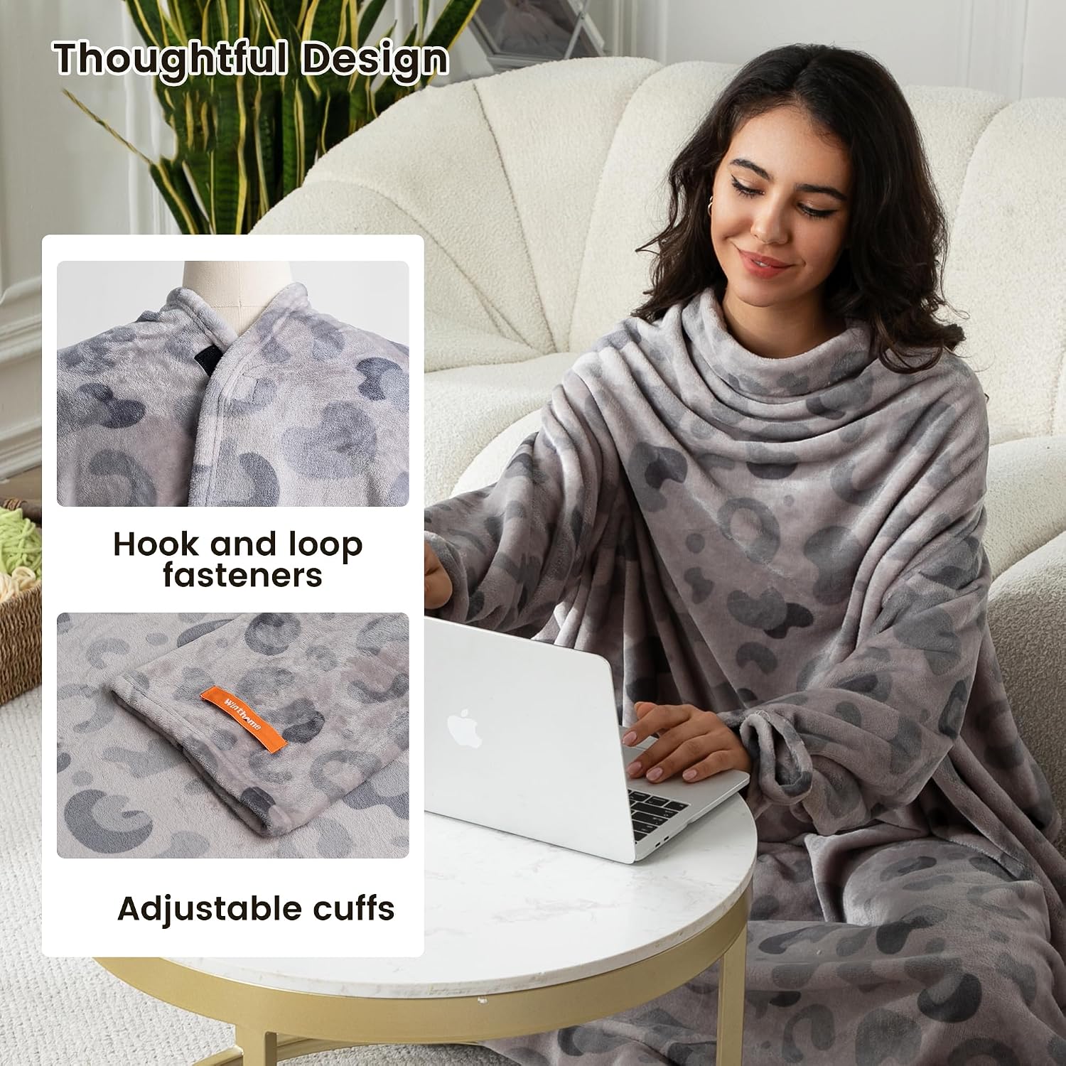 Detalle 1 de Winthome Grey Print Wearable Blanket with Sleeves, Flannel, 55.1" x 70.8