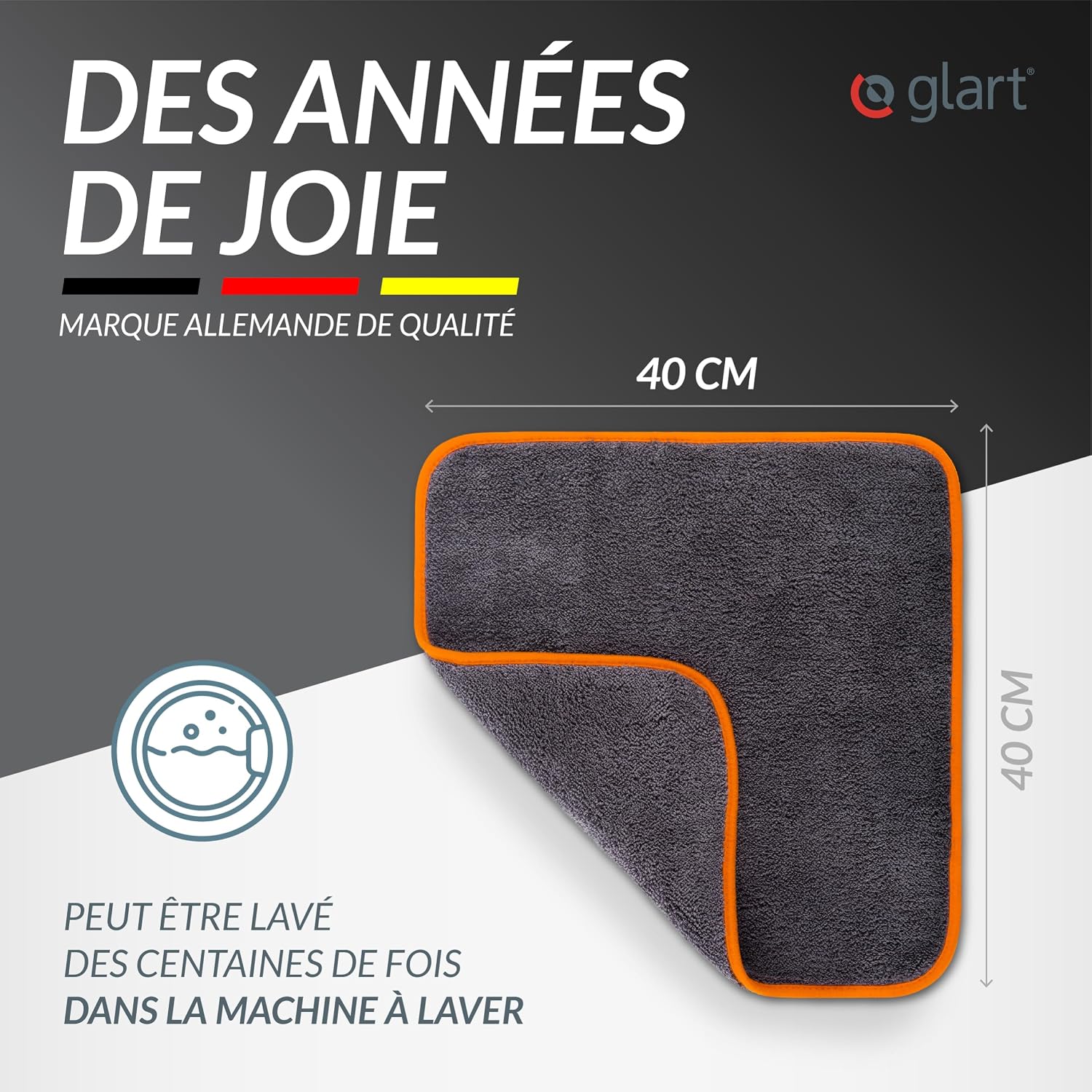 Detalle de Glart 443TPO Lot de 3 Chiffons Microfibre 40x40 cm, Anthracite + Bord Orange – Ultra Absorbants et Polyvalents