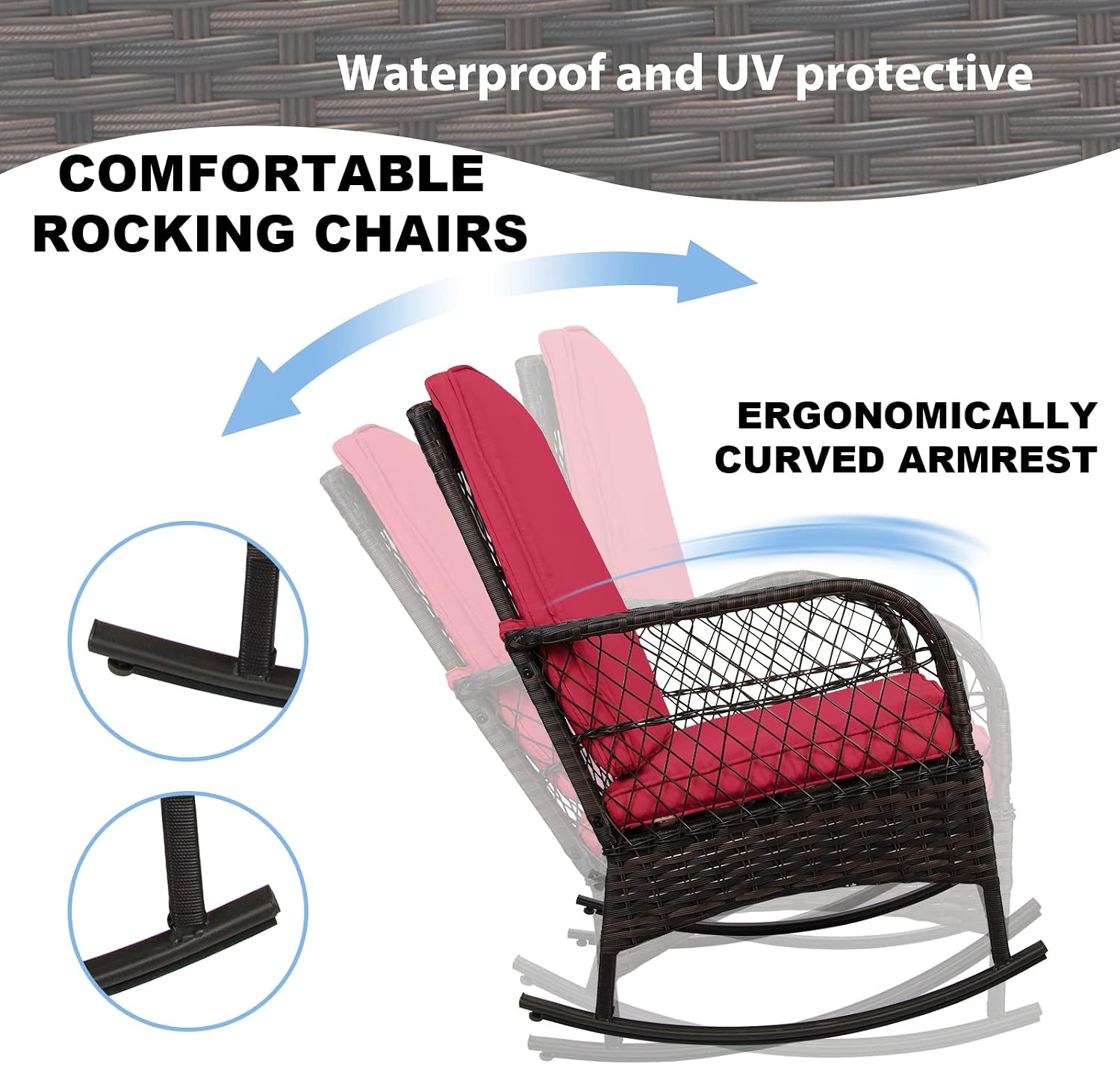Detalle de LEVELEVE 002 3-Piece Red Rocking Bistro Set with PE Wicker Chairs & Glass Table