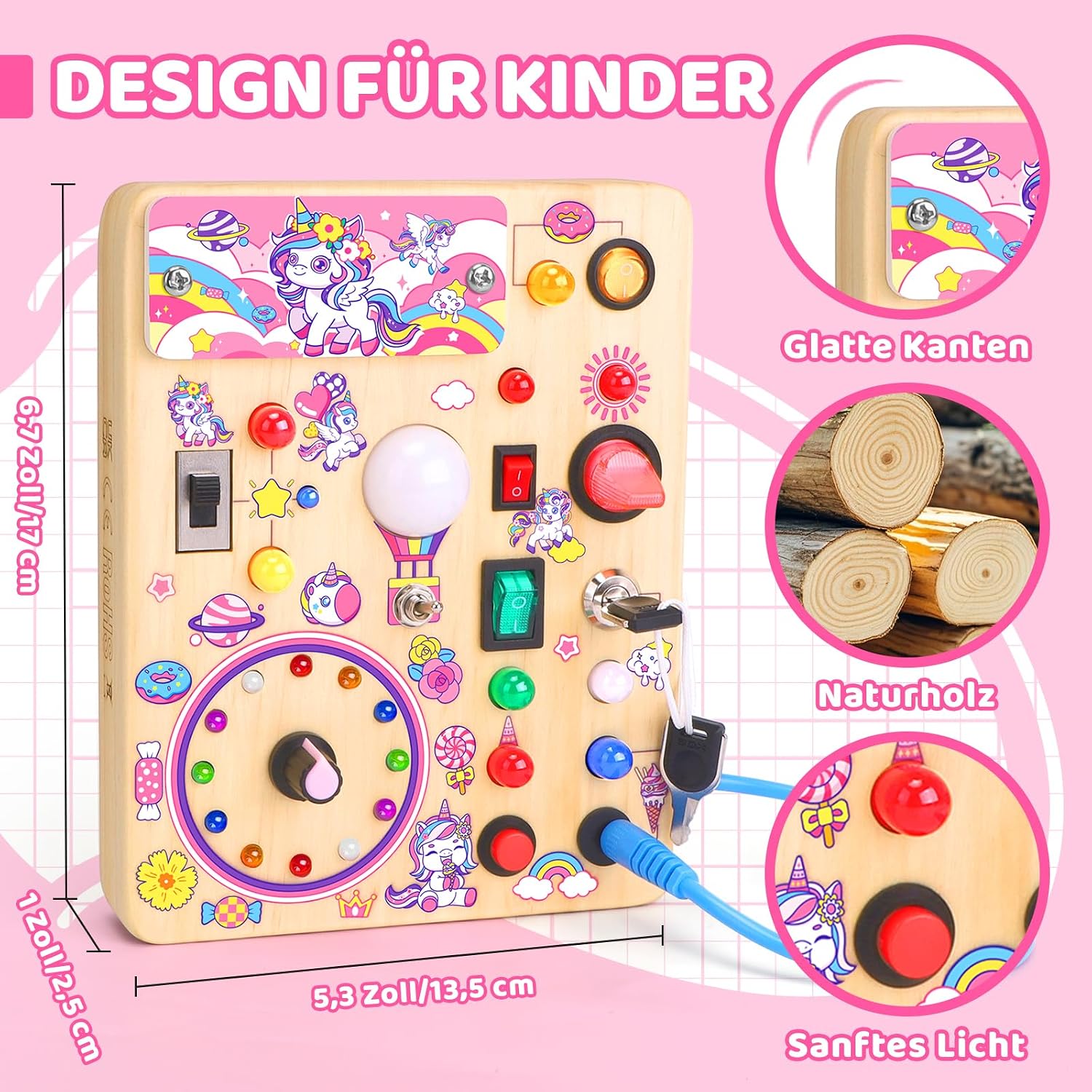 Detalle de Konijiwa Einhorn Montessori Busy Board – Holzspielzeug mit 10 Schaltern und 23 LEDs, ab 1 Jahr
