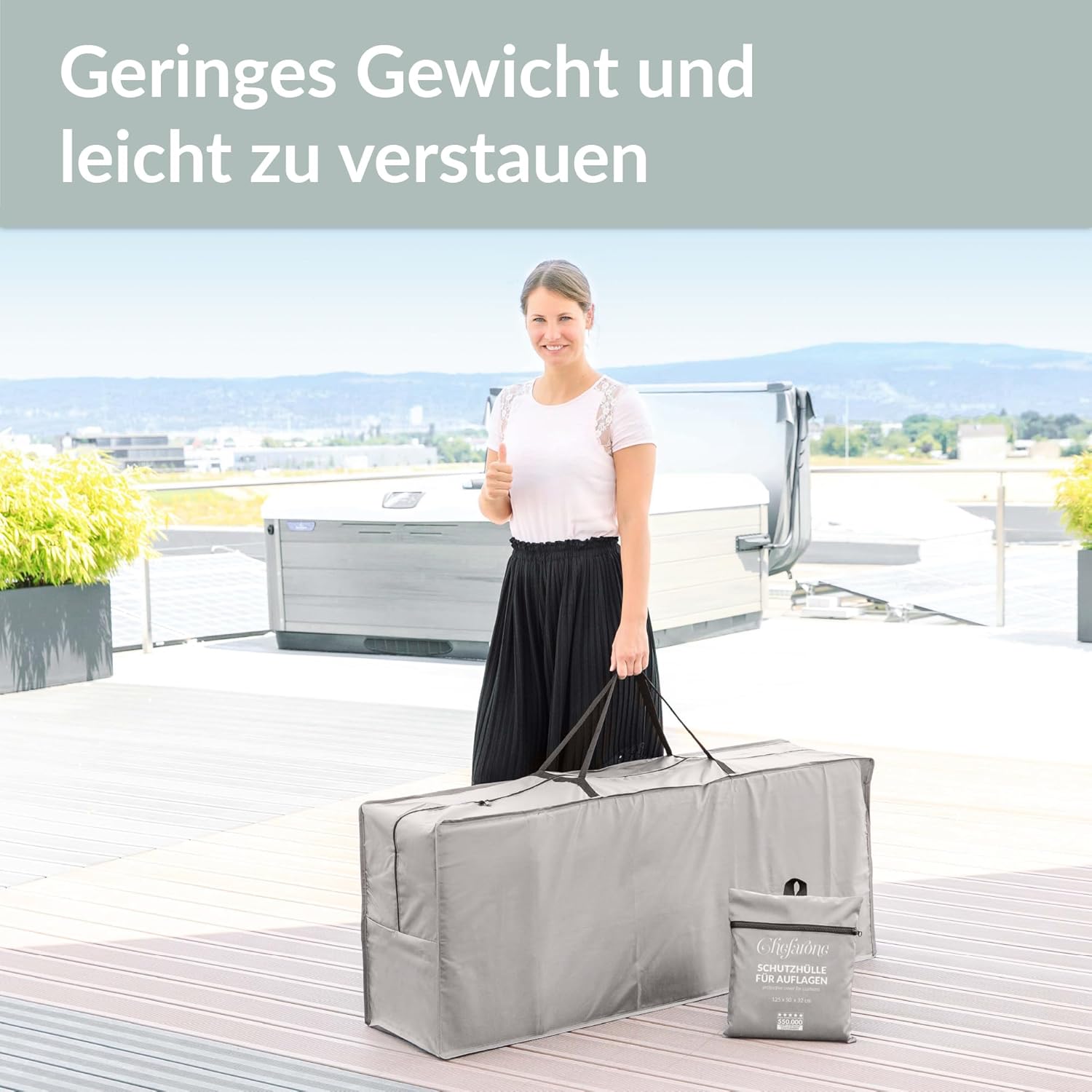 Detalle de Chefarone Auflagen-Schutzhülle 125 × 50 × 32 cm – wasserabweisend, UV-Schutz 30+, inkl. Aufbewahrungsbeutel