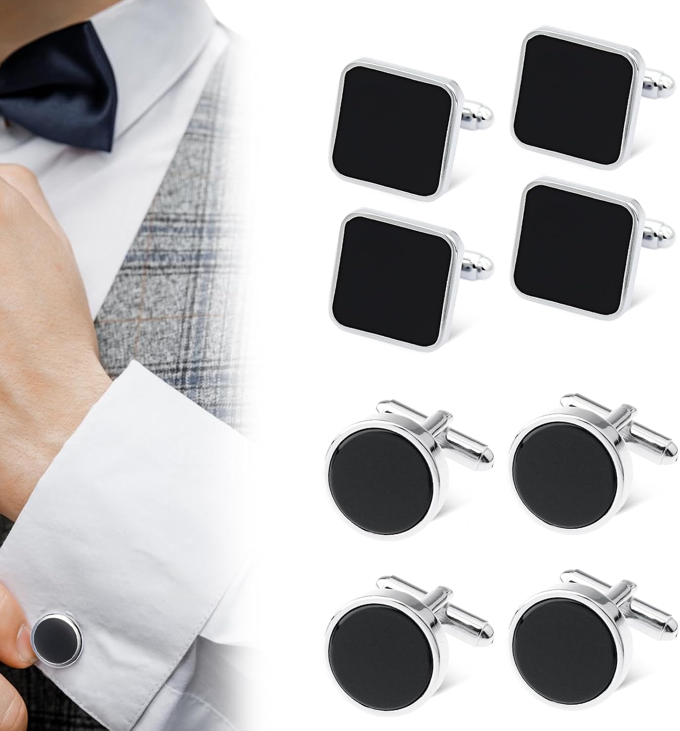 Detalle de 8 Stück Manschettenknöpfe Herren – 4 Paare, rund und quadratisch, Schwarz/Silber