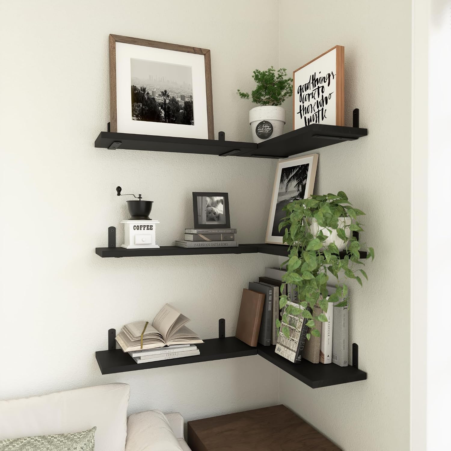 Detalle de WOPITUES Wood Floating Shelves Set of 6 — Black, 16.5 x 6 x 0.6 in, Farmhouse Wall Storage