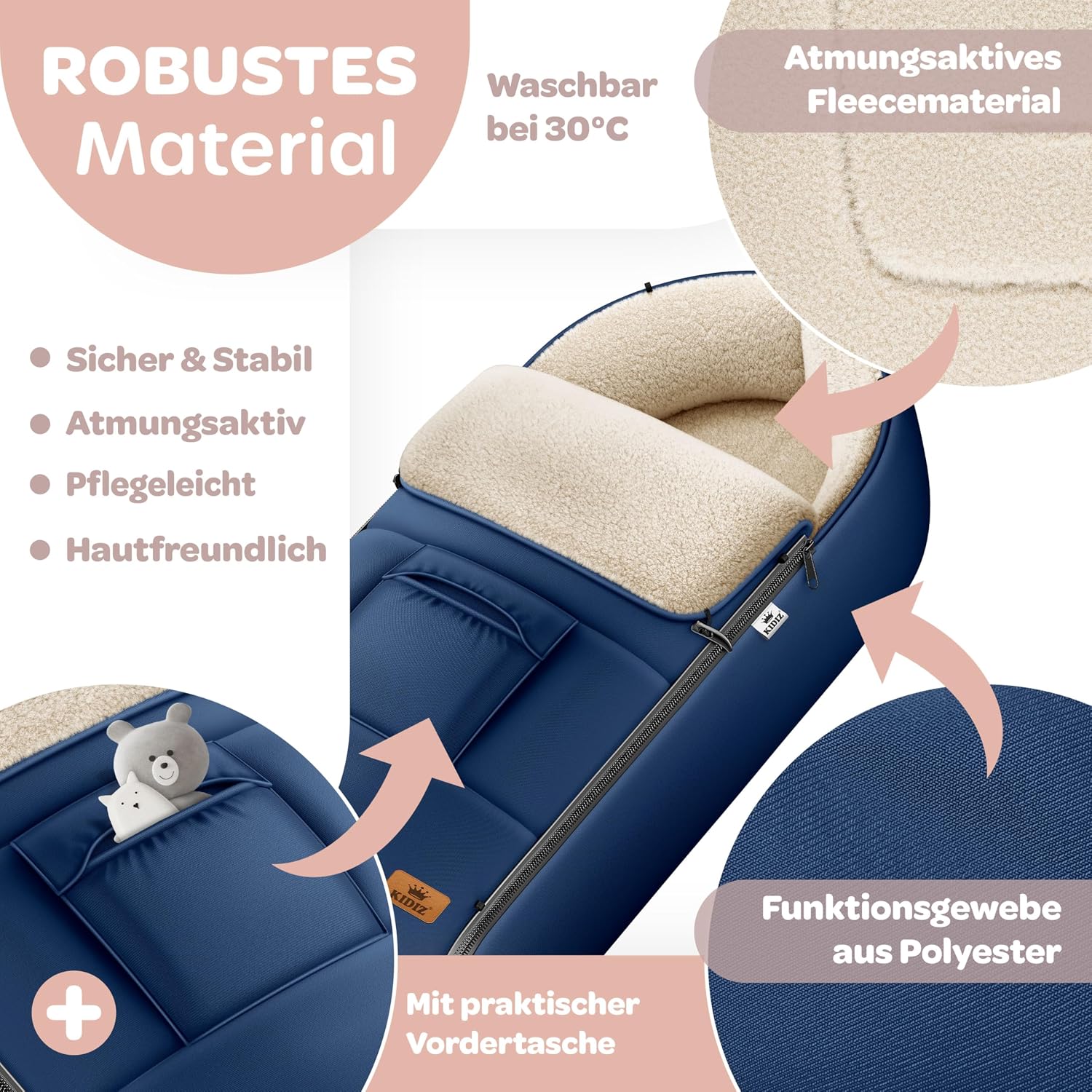 Detalle de Kidiz Babyfußsack Winter für Kinderwagen & Babyschale – wasserdicht, winddicht, mit Lammfleece-Futter