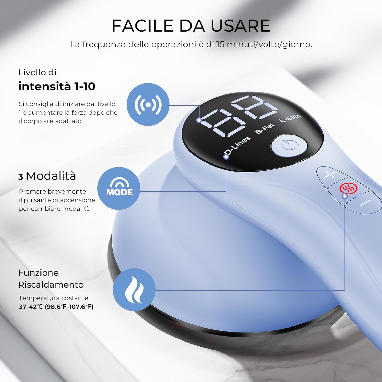 Detalle de Massaggiatore Anticellulite Professionale Oranmagic – versione wireless, 4 testine e riscaldamento, blu