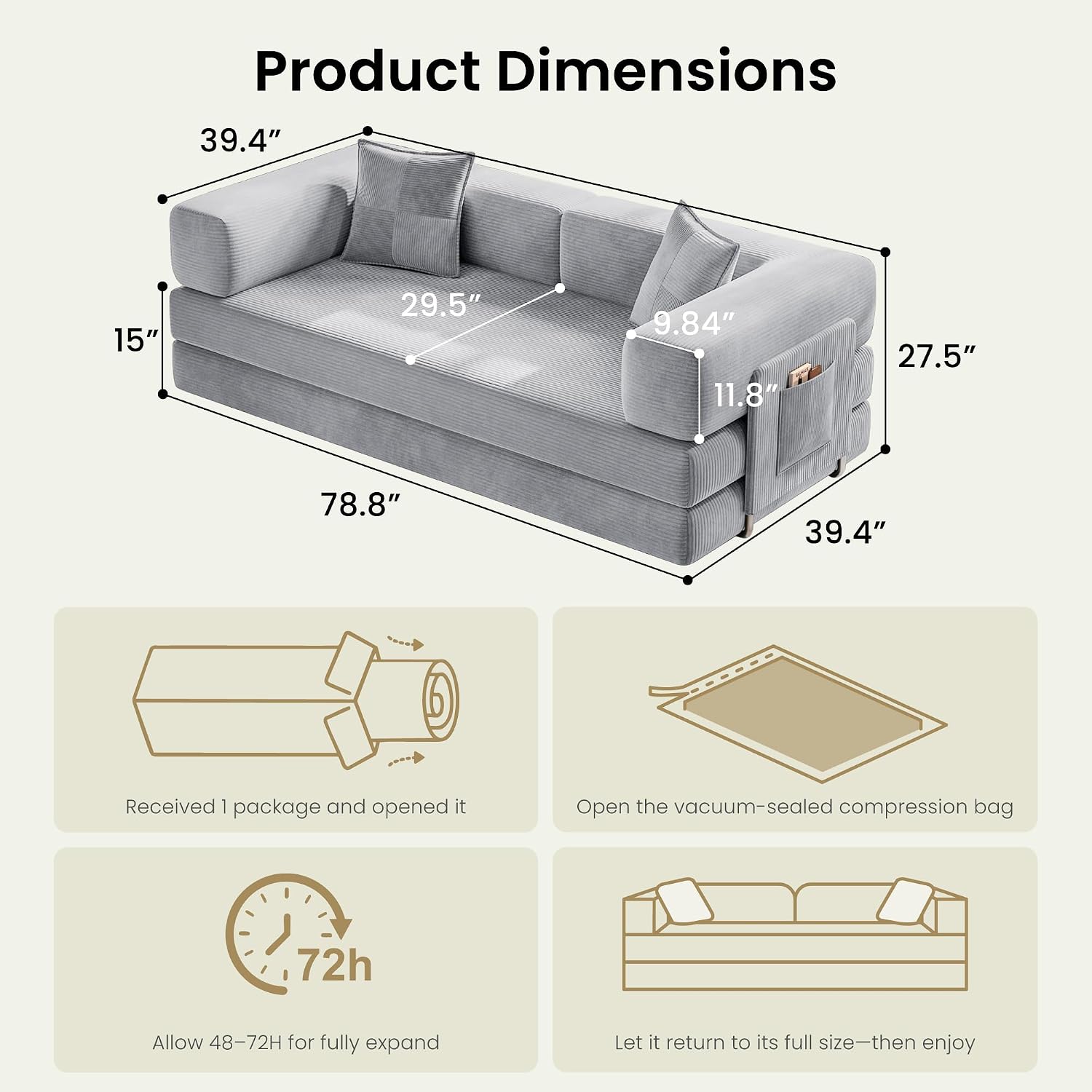 Thumbnail 1 de CUBENTE MX-CB Convertible Futon Sofa Bed, 78.8-Inch Gray Corduroy, 4-in-1