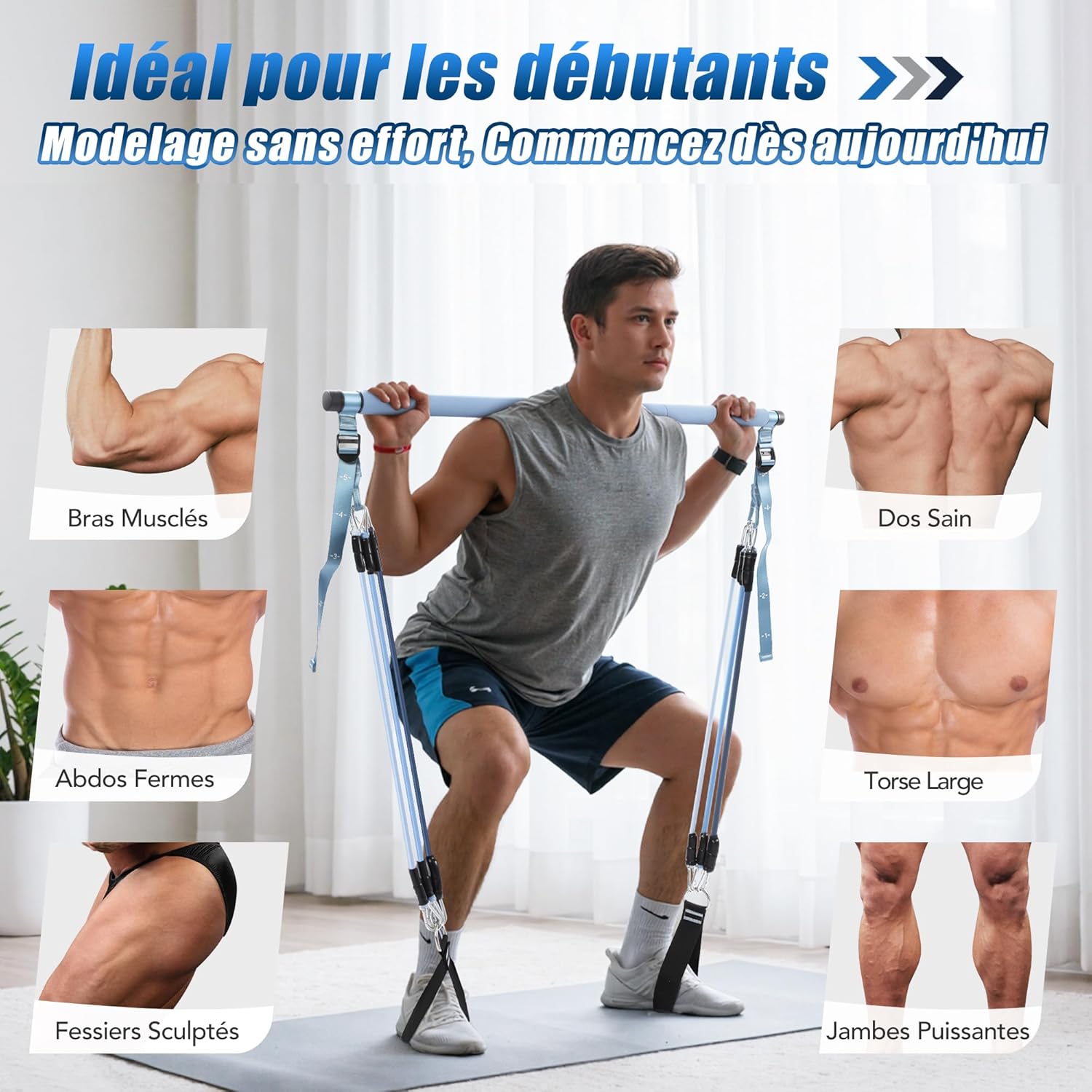 Thumbnail 2 de ALongSong Elastiques Musculation Sport Maison – Kit Barre de Pilates avec 6 Bandes de Résistance et Ancrage de Porte