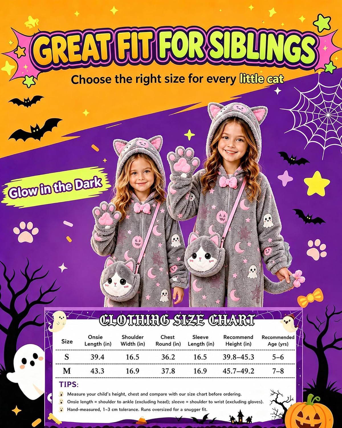 Thumbnail 5 de Gifts2U Glow-in-the-Dark Cat Costume for Kids, Flannel Onesie with Purse
