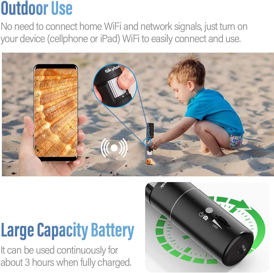 Detalle de SKYBASIC Microscope numérique Wi‑Fi portable 1000X avec loupe et 8 LED pour smartphones (Android/iOS) et PC