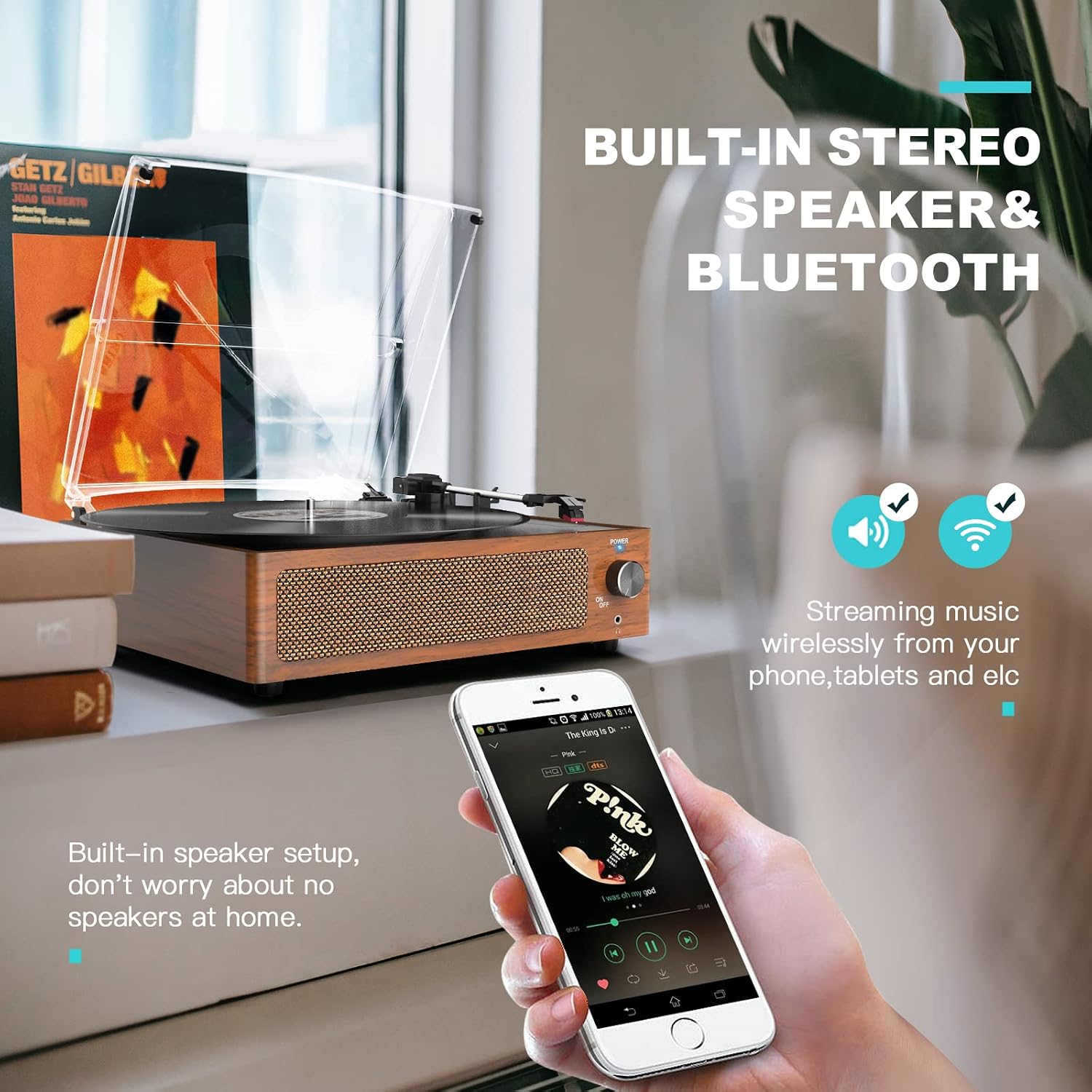 Detalle de Vinyl Record Player with Speakers: Vintage 3-Speed Belt-Driven Turntable with Bluetooth