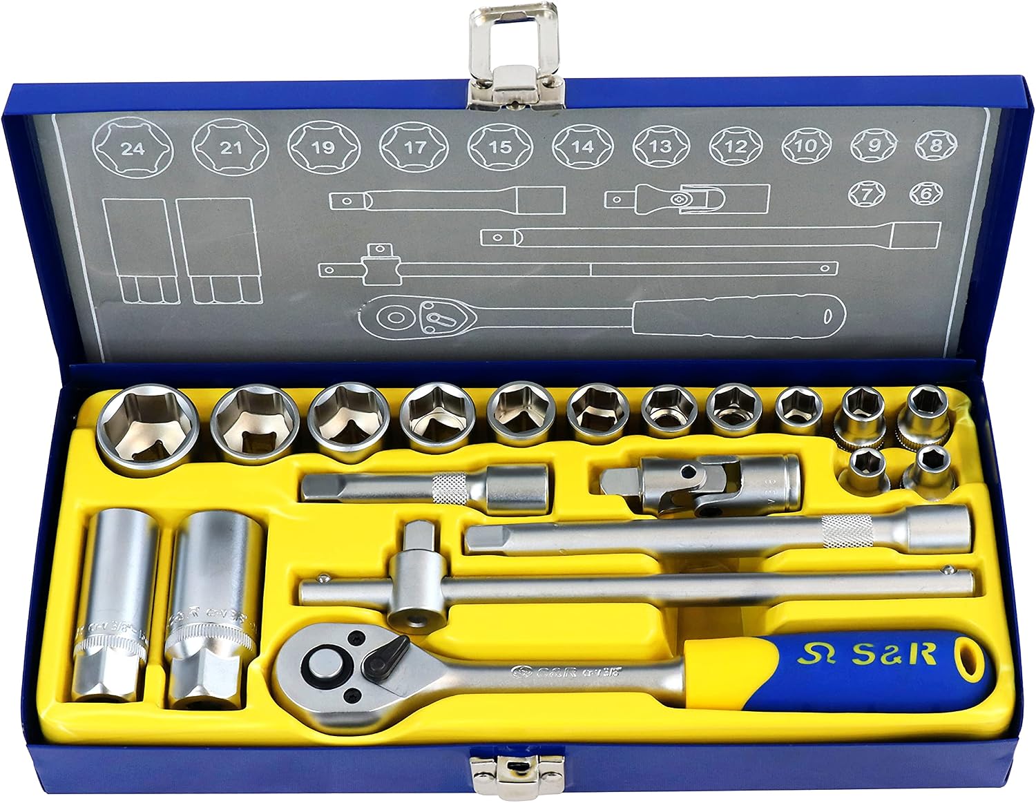 Detalle de S&R 460.323.020 hylsnyckelsats 3/8", 20 delar med Lock-Drive och metallbox