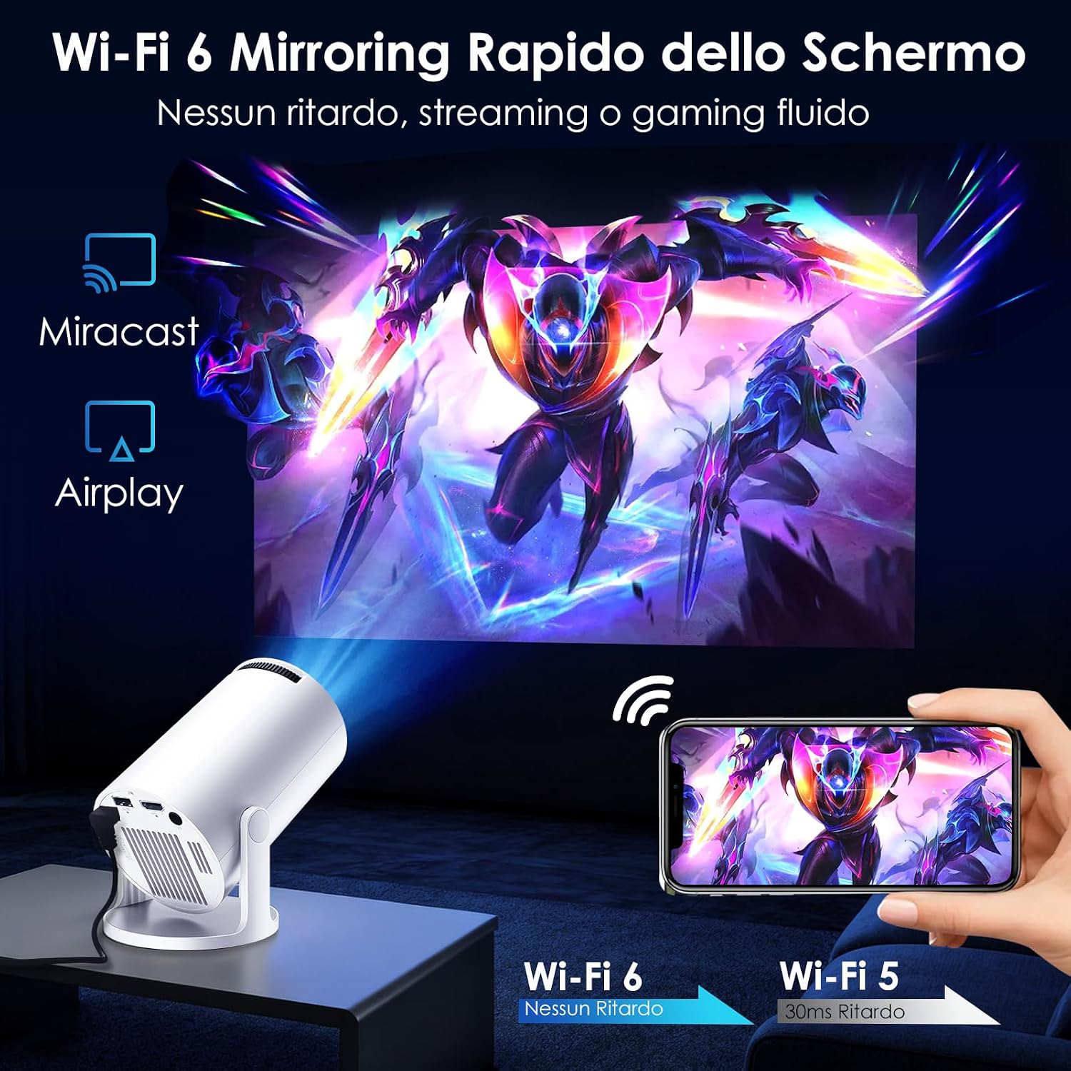 Detalle de WOLFANG Mini Proiettore Portatile WiFi 6 con Android 14 e Schermo 1080P - Proietta fino a 200