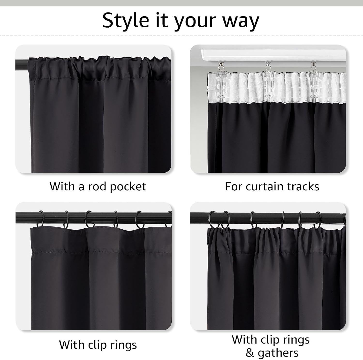 Detalle de TOPICK Blackout Thermal Curtains 90x90 — Pencil Pleat, 2 Panels, Black