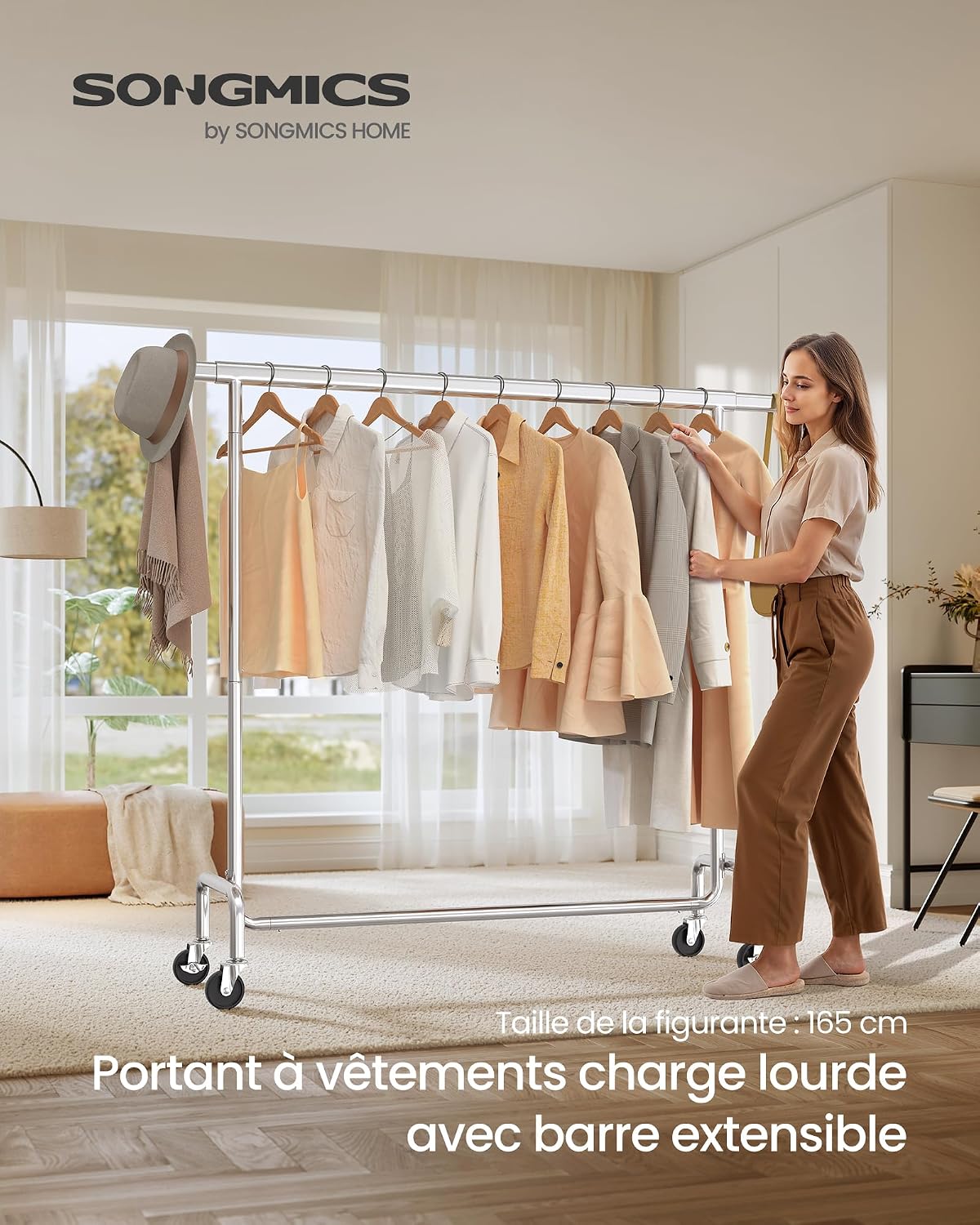 Detalle de SONGMICS HSR11S Porte-vêtements avec roulettes – Tringle extensible, 130 kg, acier chromé