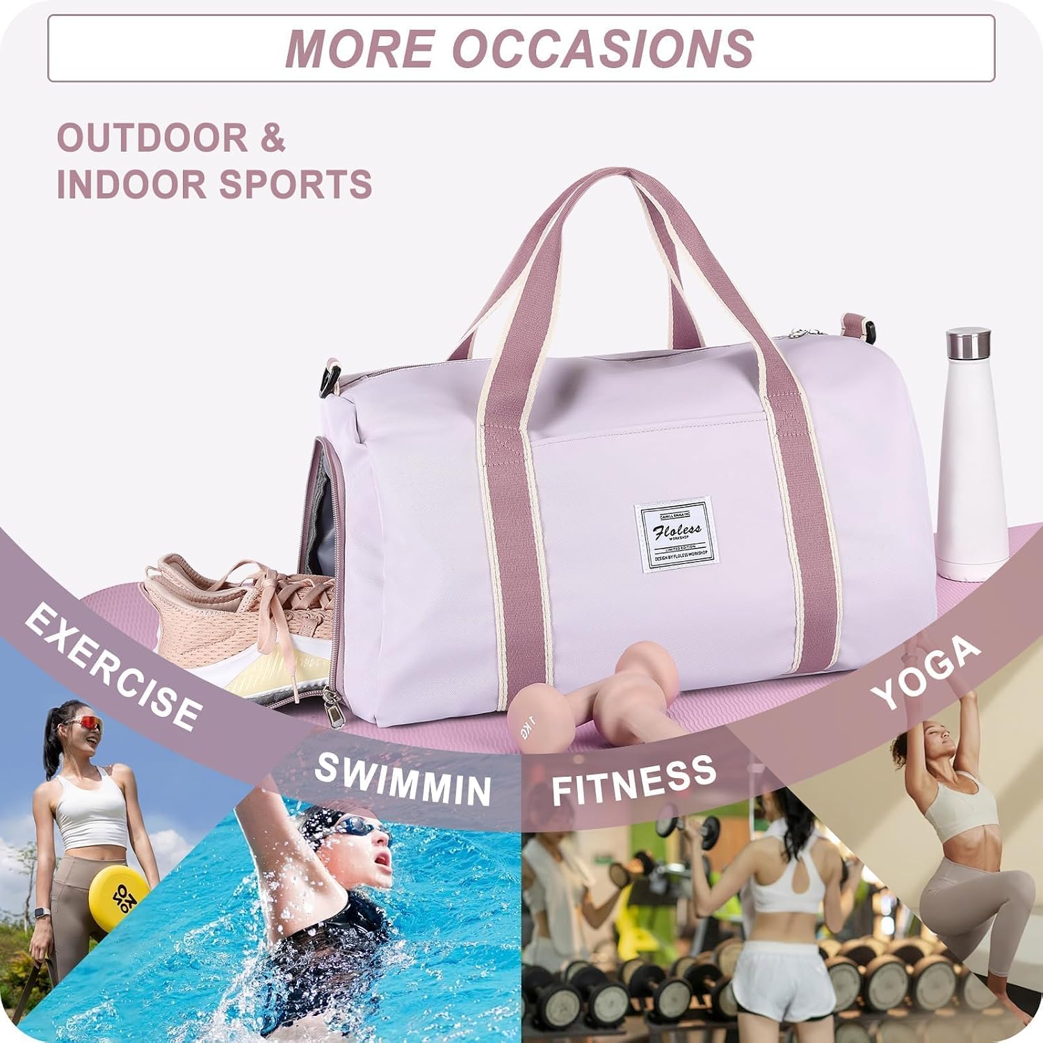 Thumbnail 6 de HYC00 HYC00 Gym Bag for Women (Small) – sports duffle with shoe compartment, wet pocket & adjustable straps (Purple)