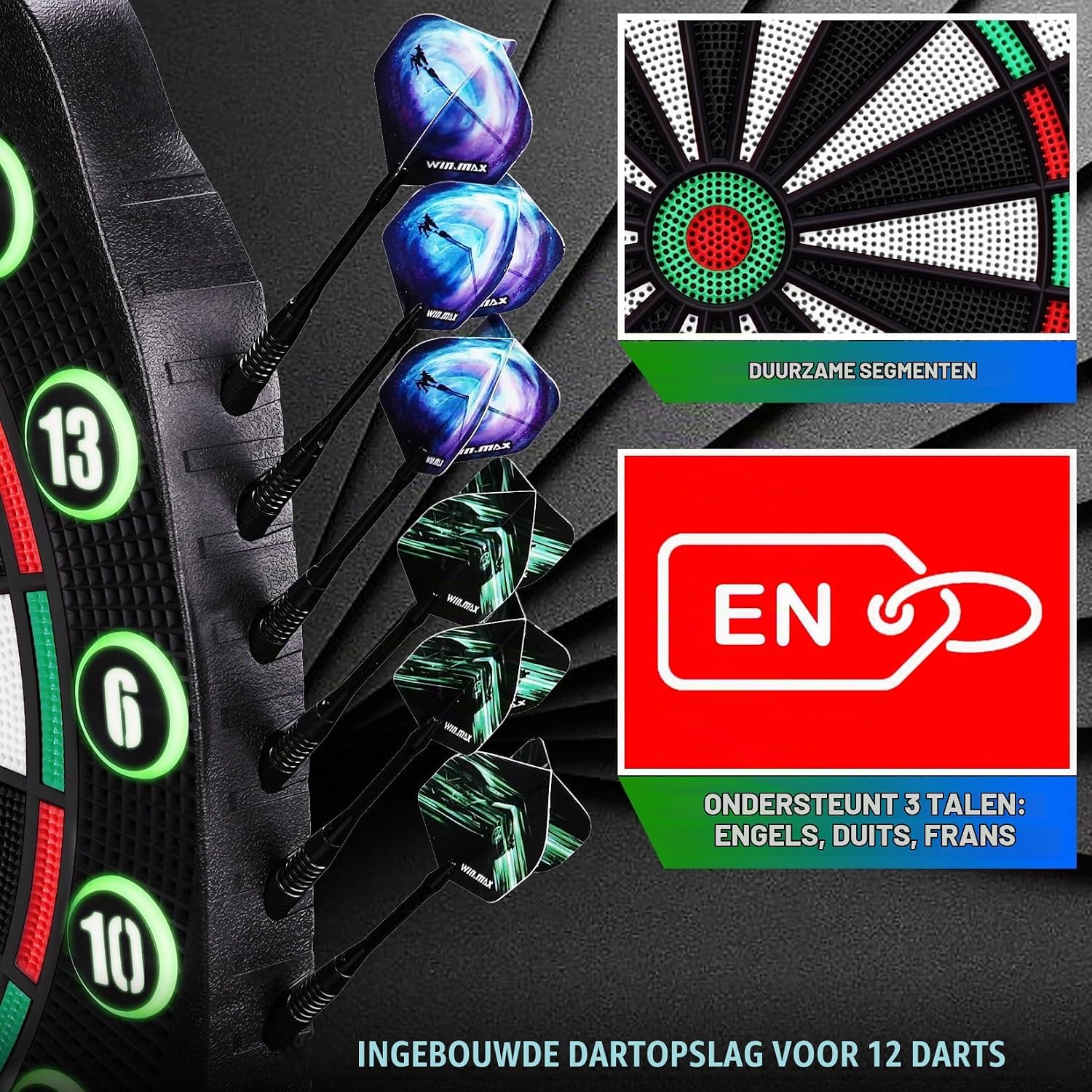 Detalle de WIN.MAX elektronisch dartbord met 34 spellen, 354 varianten en 3 ledschermen