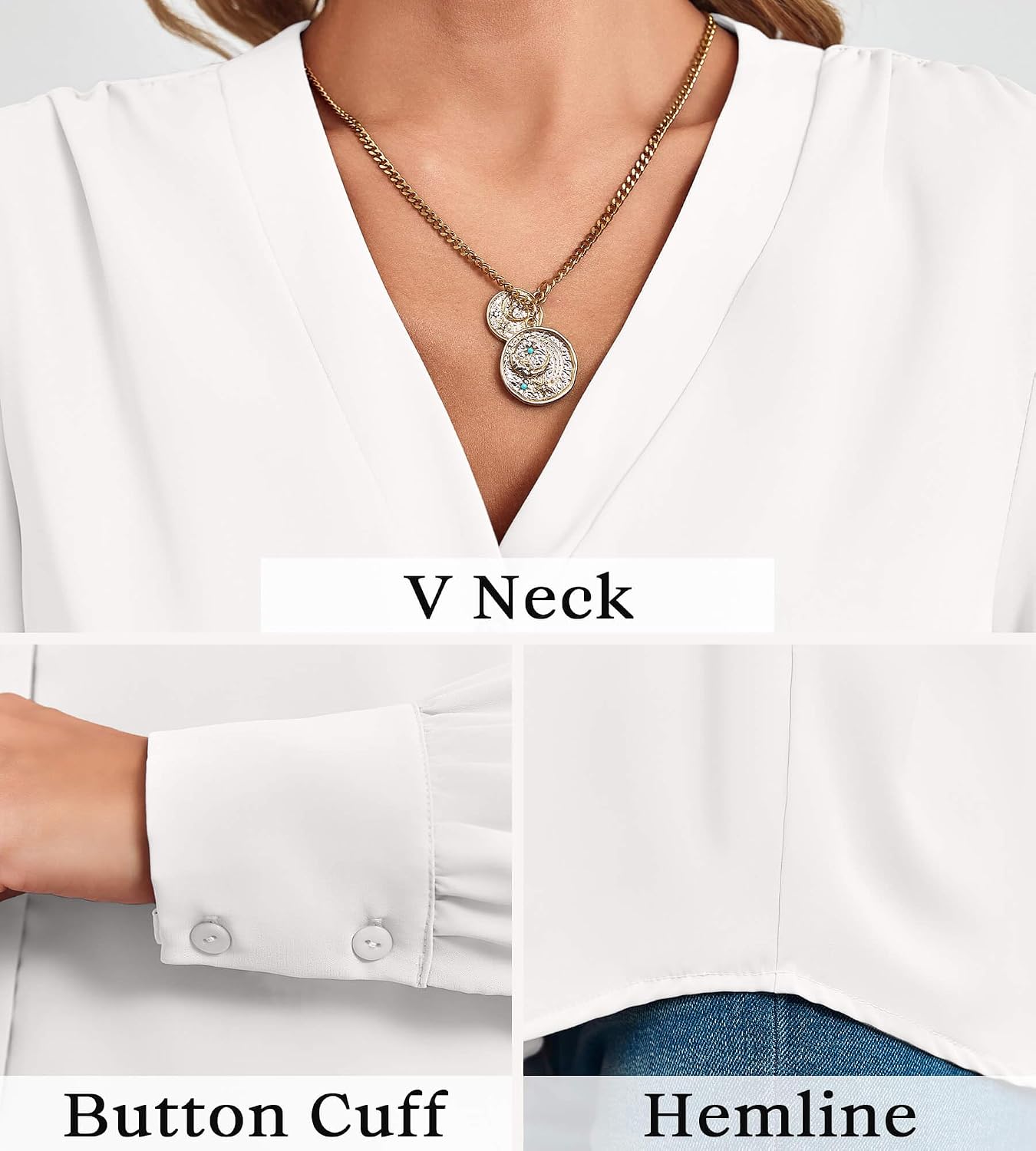 Detalle de Long Sleeve V Neck Chiffon Blouse Top