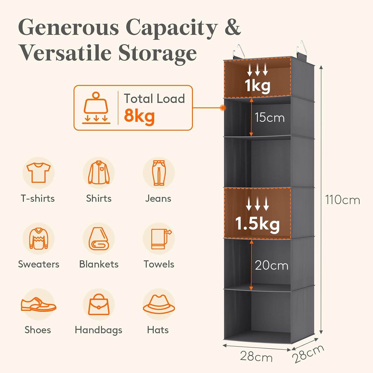 Detalle de Lifewit 25081 Hanging Wardrobe Organiser, 6 Shelves, Foldable, Grey, 2 Pack