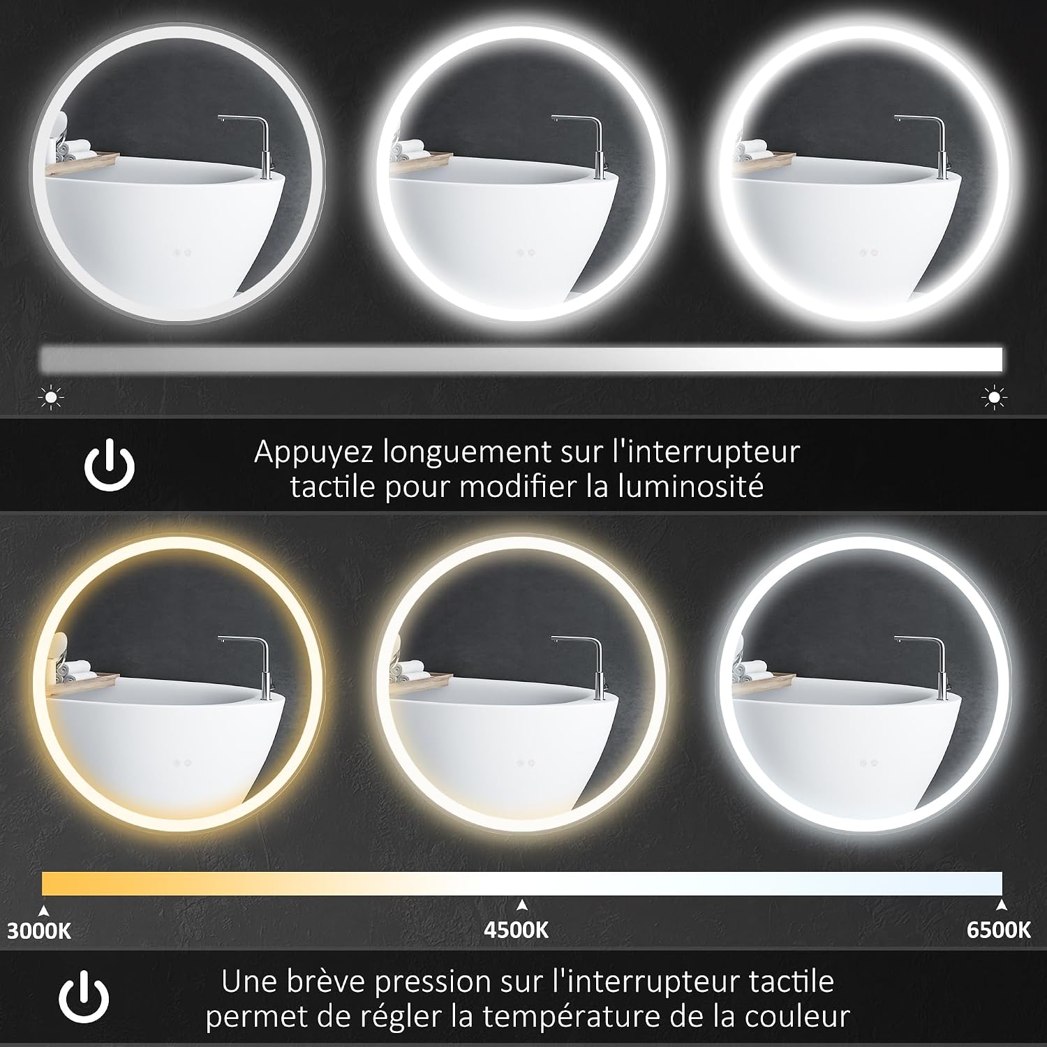 Detalle 2 de kleankin Miroir de salle de bain rond Ø 80 cm avec éclairage LED et anti-buée