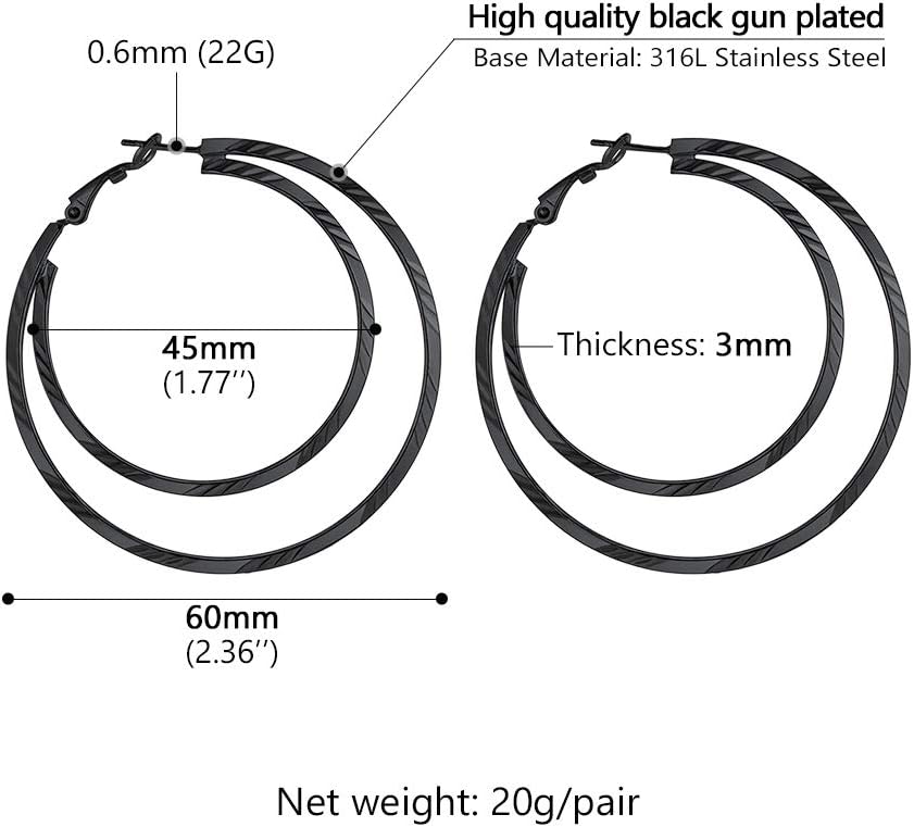 Thumbnail 5 de PROSTEEL Boucles d’oreilles créoles noires 60 mm double anneau en acier inoxydable 316L