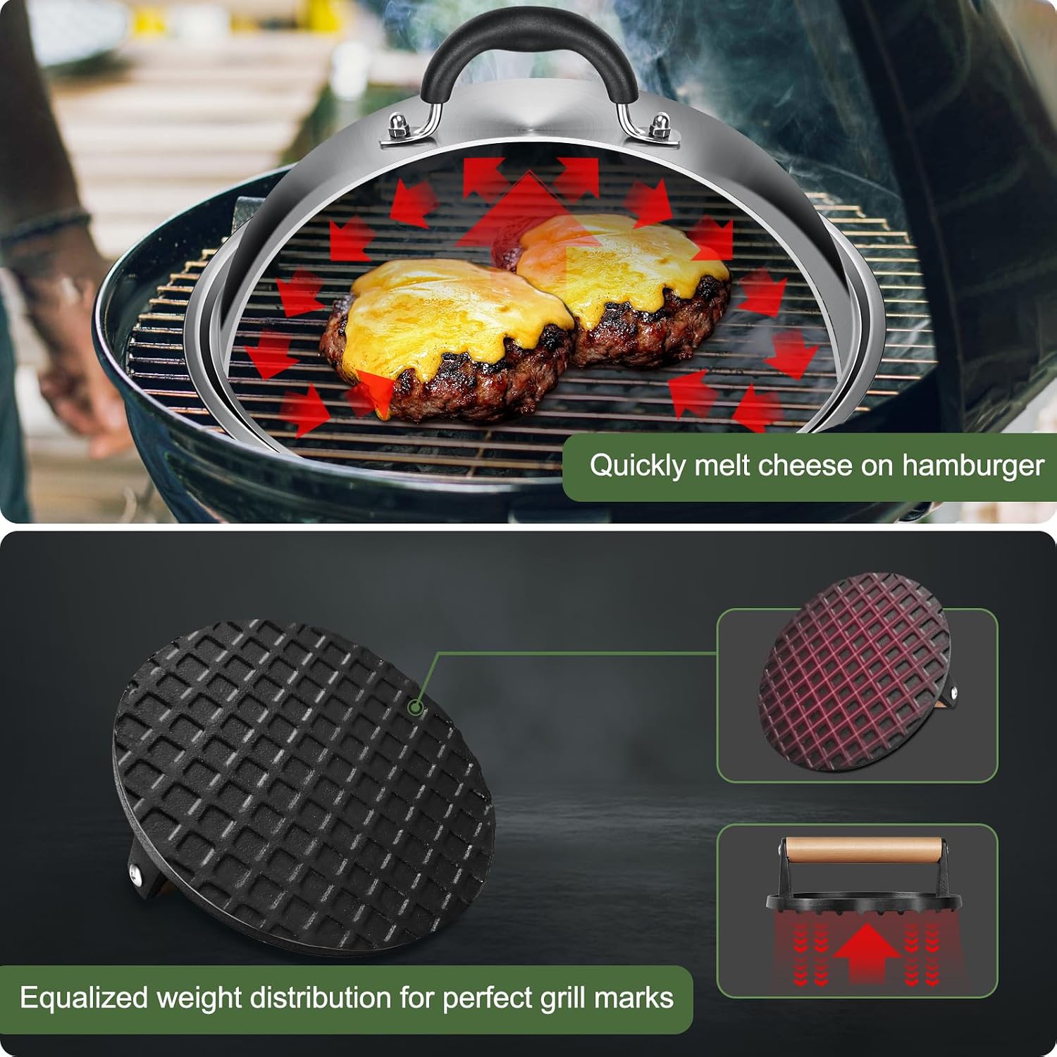 Detalle de EWFEN xike-0079US Griddle Set with Stainless Steel Dome and Cast Iron Press