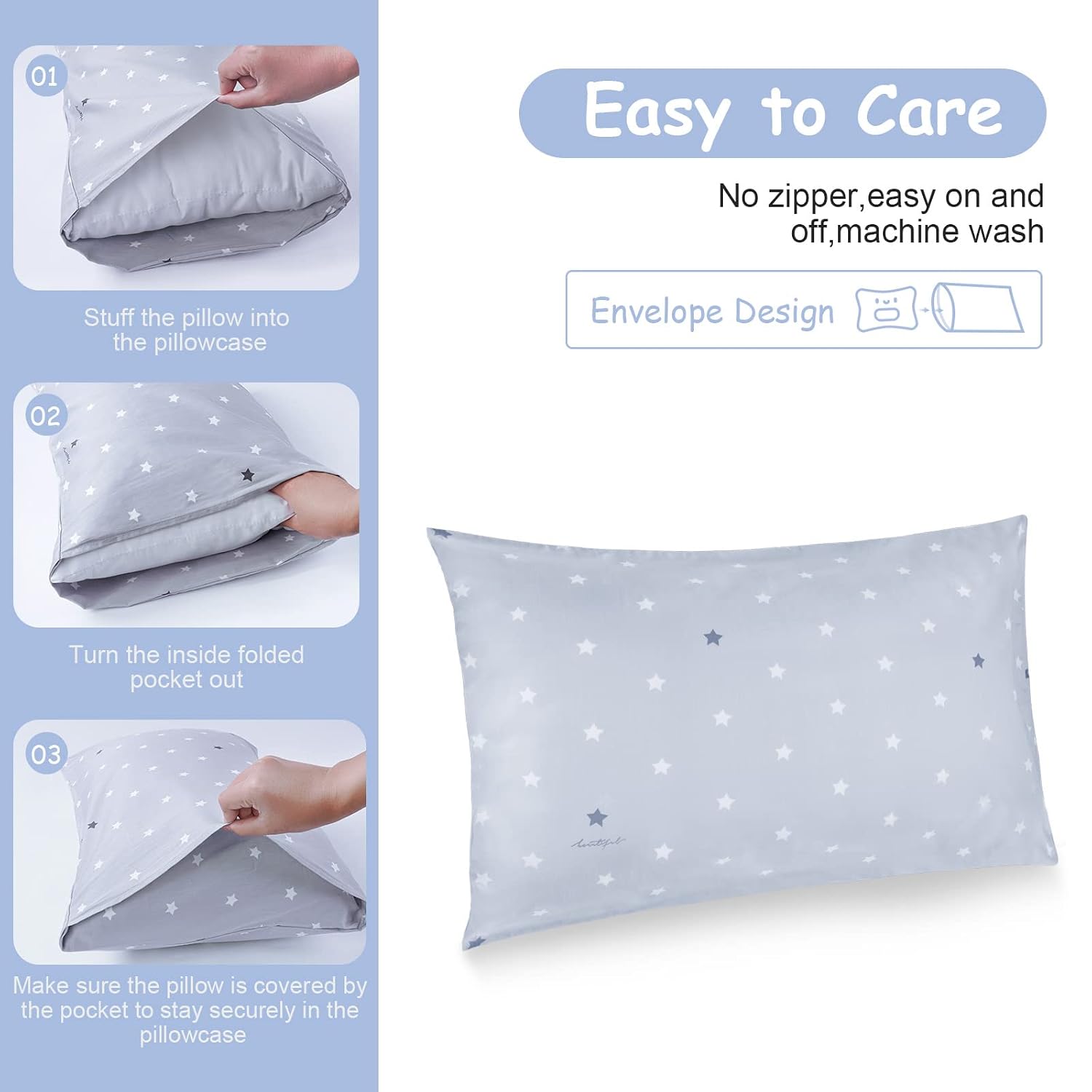 Thumbnail 2 de Vicloon Kinder Kissenbezug (2er-Set) 40 x 60 cm aus Baumwolle mit Umschlag – Sterne grau