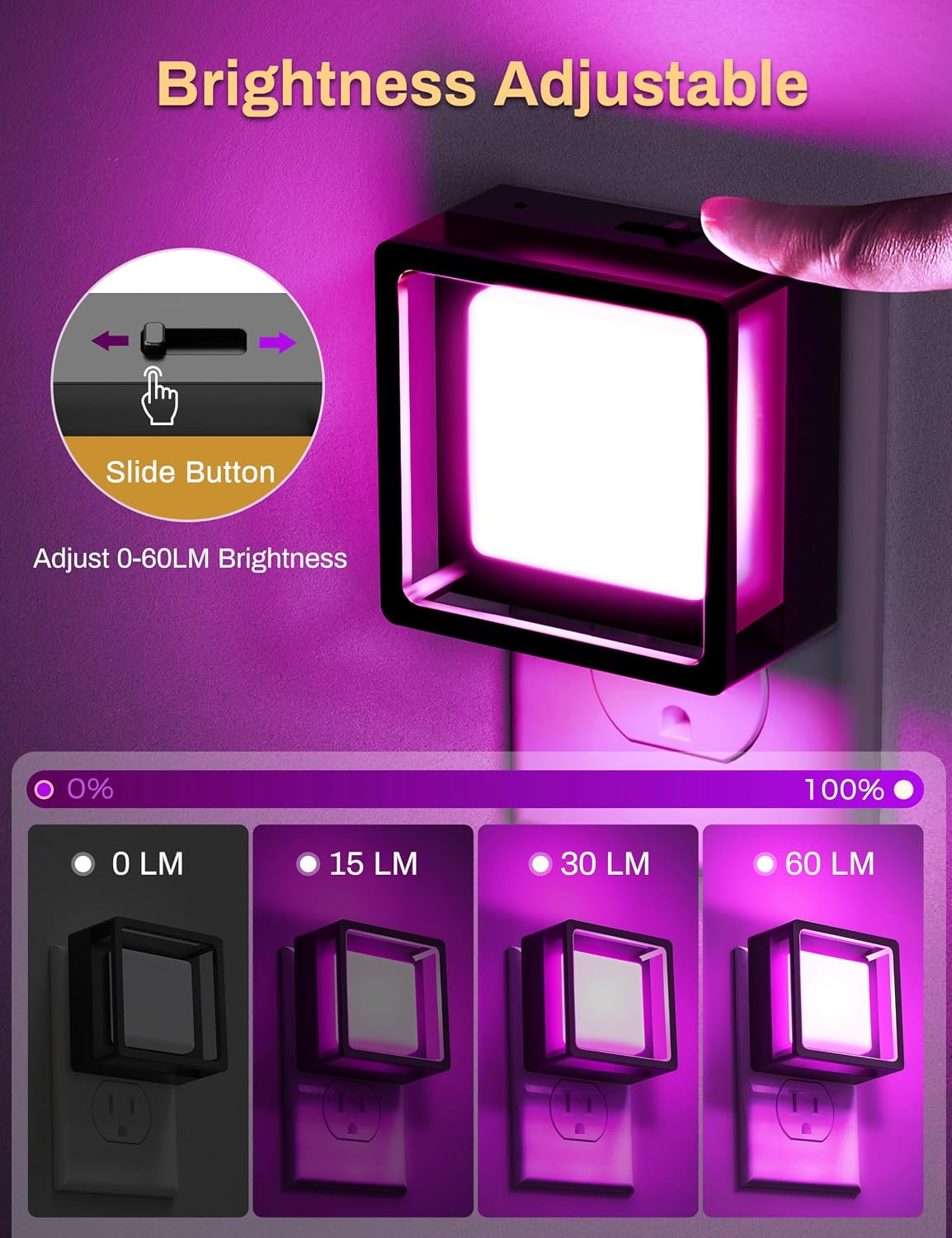 Detalle 2 de DORESshop ND-GY033PUS-2 Purple Plug-In Night Lights, Dimmable, 2-Pack