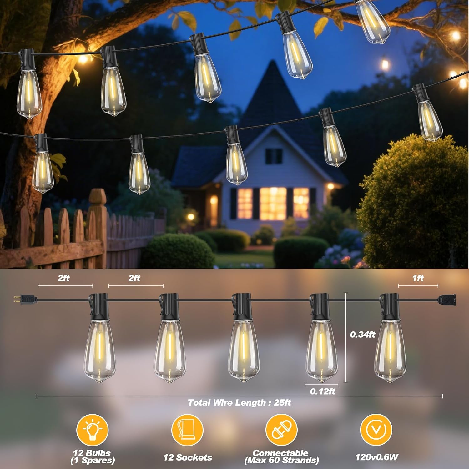 Detalle 2 de Adirxon 100 ft Commercial Outdoor String Lights with LED Edison Bulbs 🎉