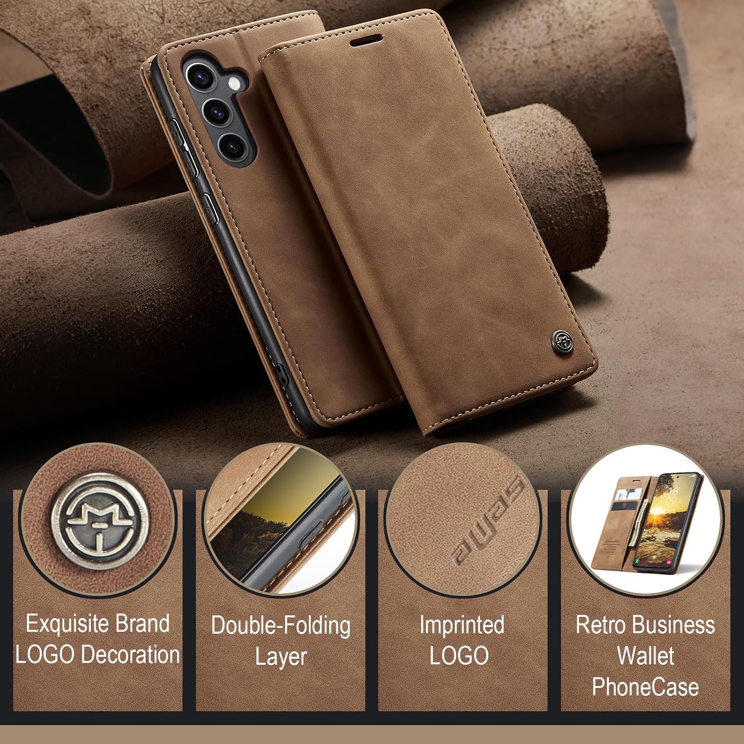 Detalle de Monweicz Flip-Case Hülle für Samsung Galaxy S24 – Premium Leder, Kartenfach & Standfunktion in Braun