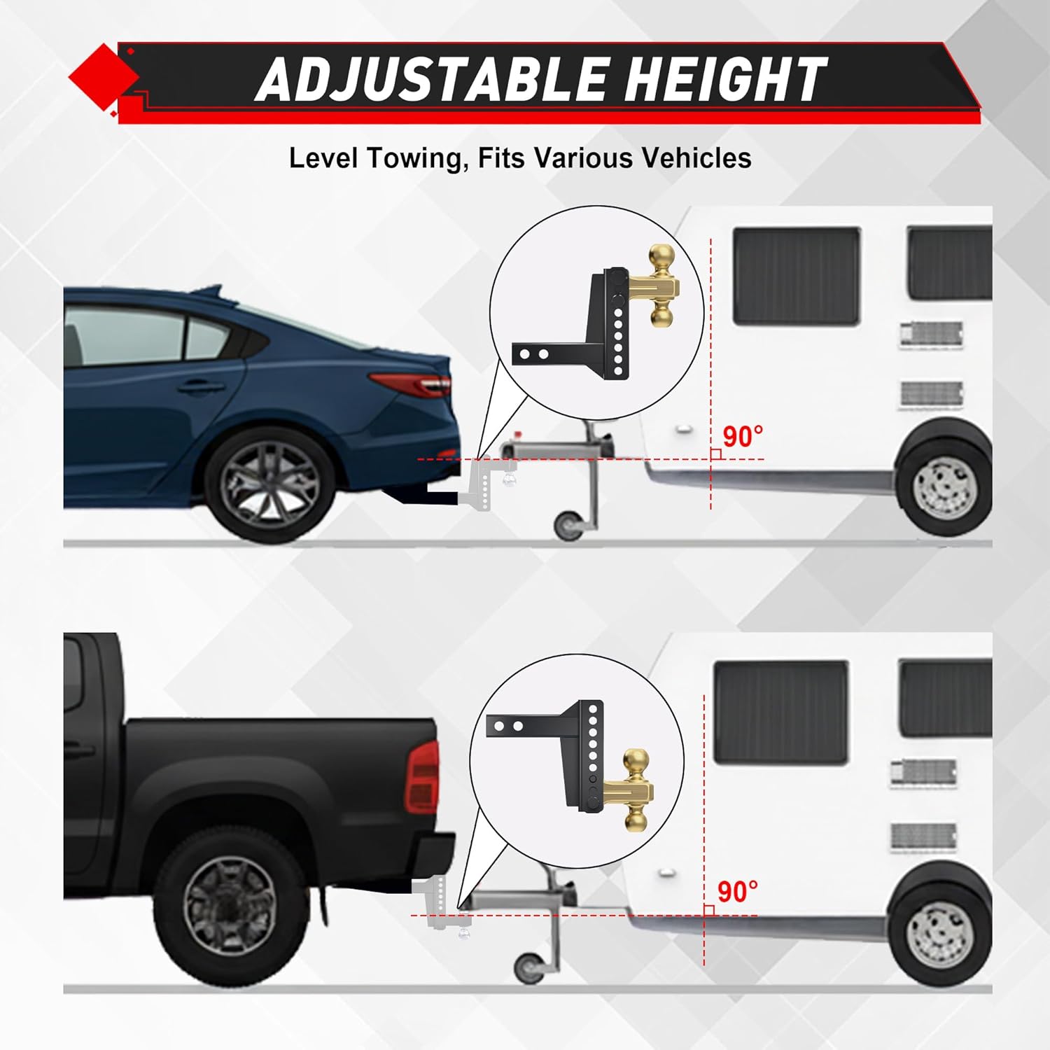 Thumbnail 4 de TYT Adjustable Truck Trailer Hitch for 2" Receiver with Dual Balls, 6" Drop/Rise