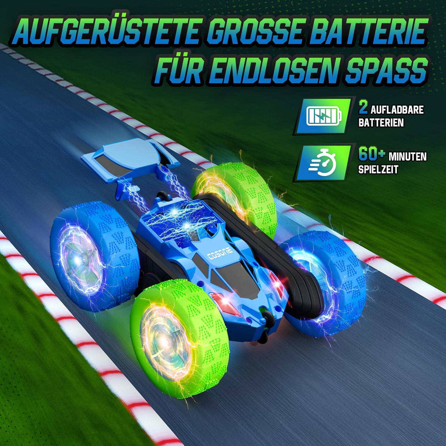 Thumbnail 3 de cosone Ferngesteuertes RC Stunt Auto für Kinder (Blau & Grün) mit 360°-Dreh-Lichtern, für 6–12 Jahre