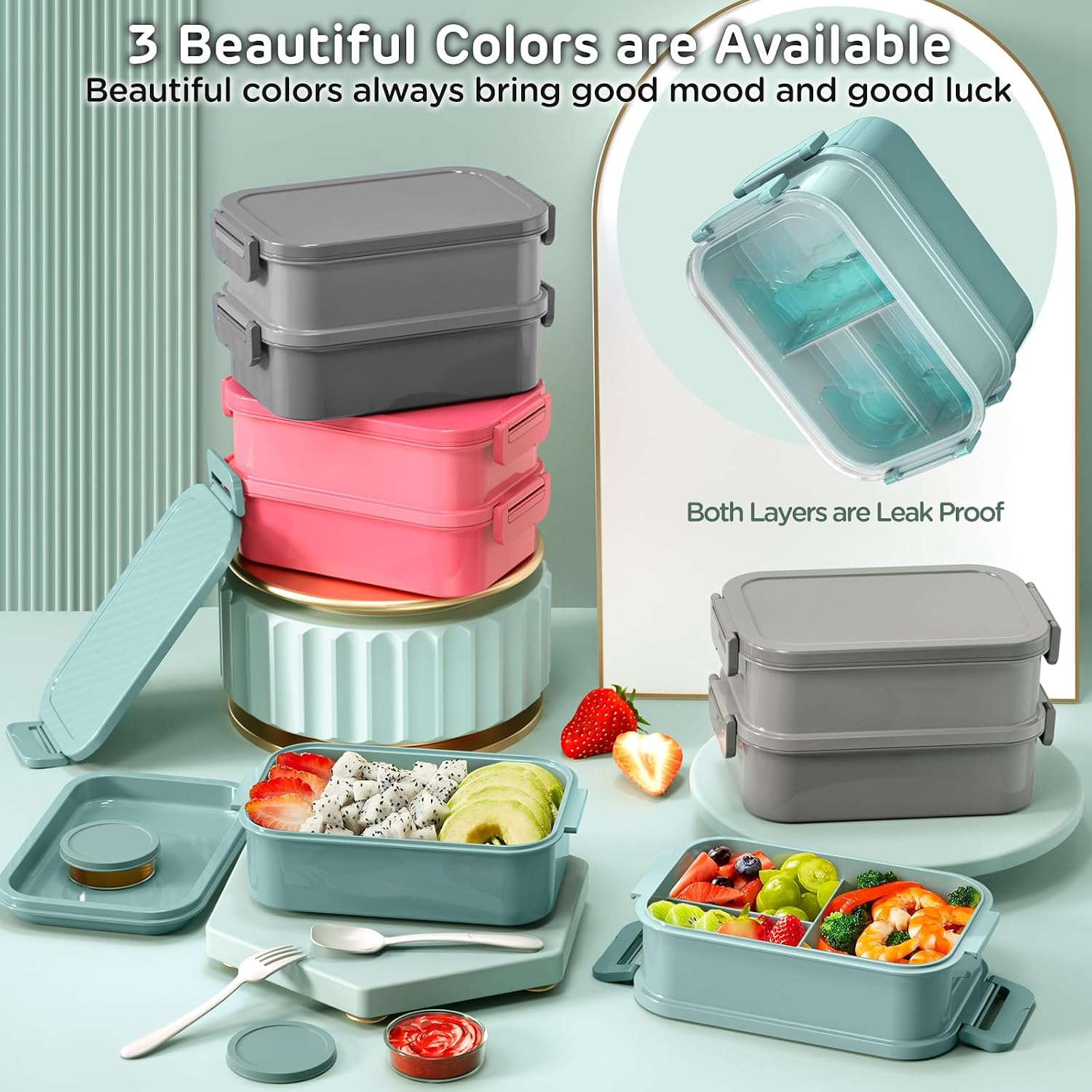 Detalle de WayEee lunchbox voor volwassenen, 2130 ml, 3 vakken, lekbestendig, groen