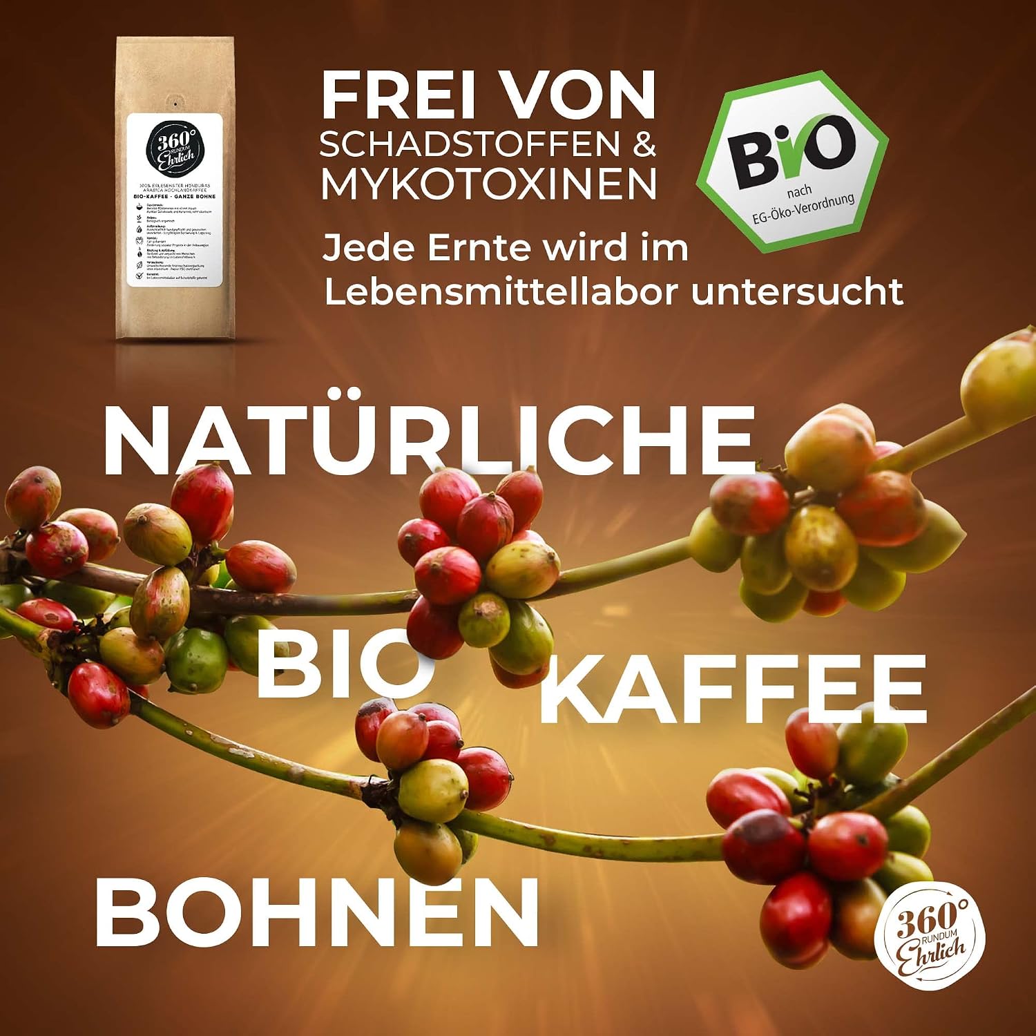 Detalle de 360° Premium Bio Kaffeebohnen 500 g – 100% Honduras Hochland Arabica, mild & säurearm, ganze Bohnen