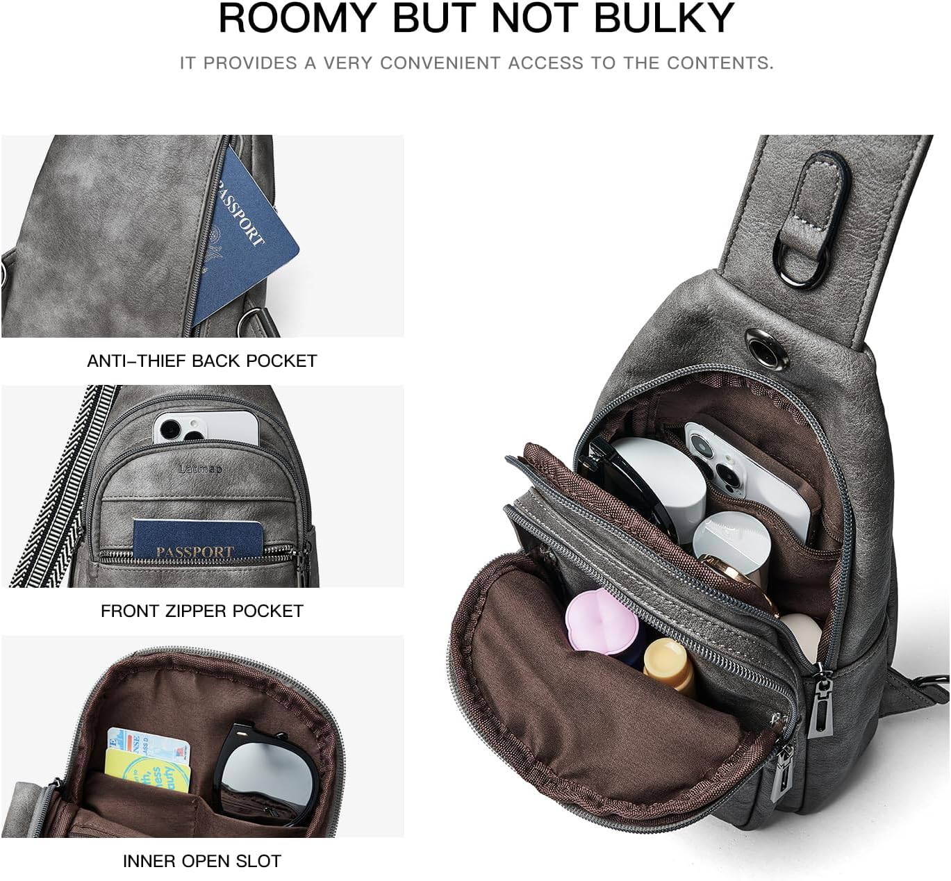 Detalle de LATMAP Sling Bag for Women and Men – Leather Small Crossbody/Chest Bag, Water-Resistant Mini Backpack