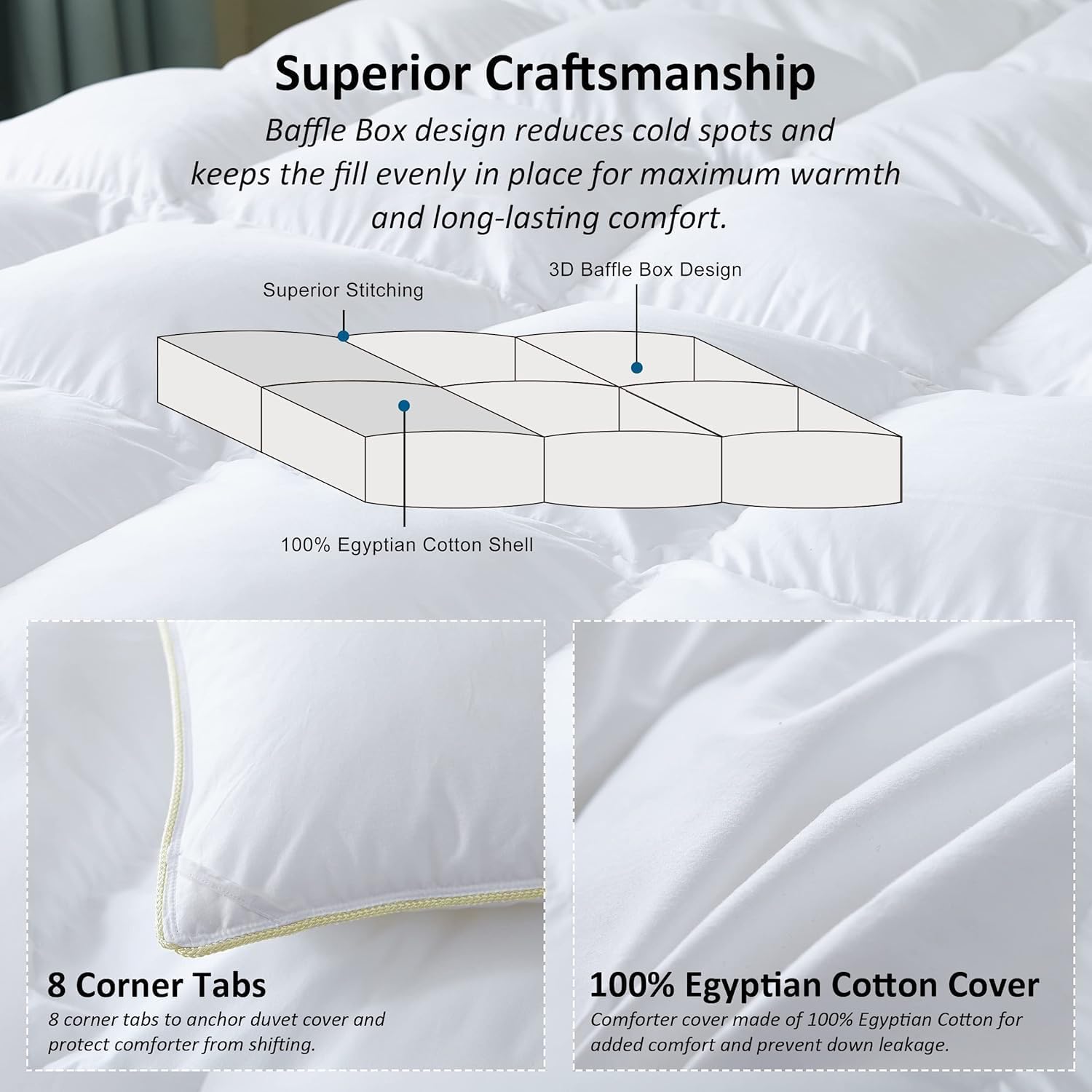 Detalle de CAIMOUR CAI001 Twin/Twin XL Goose Feather Duvet Insert, Cotton Shell, 8 Tabs