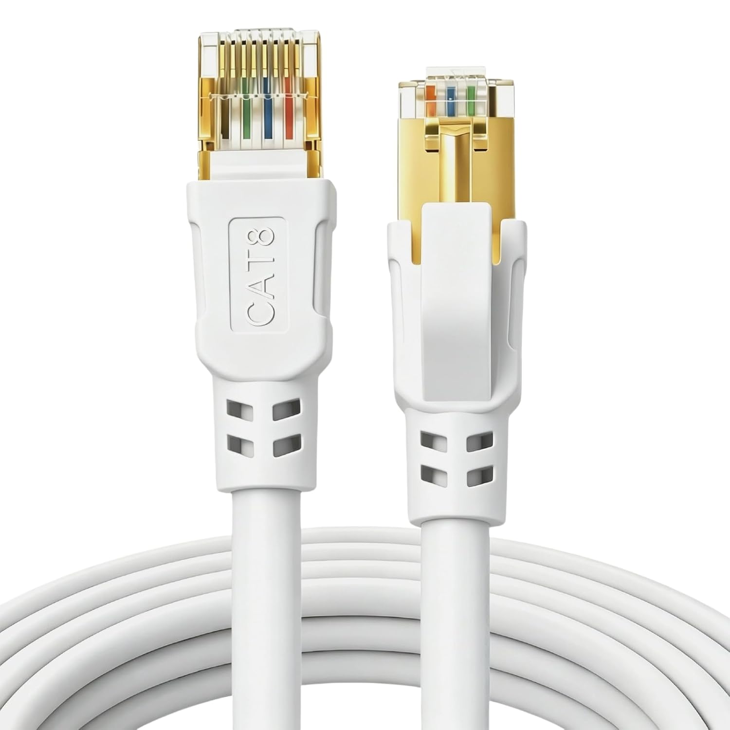 Detalle de DDMALL CAT8 Ethernet Cable 10m — 40Gbps, 2000MHz, F/FTP with Gold Plated RJ45 (White)