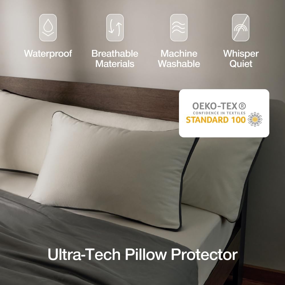Detalle 2 de Coop Home Goods Ultra-Tech Queen Pillow Protectors, Waterproof, Zippered, Pack of 2