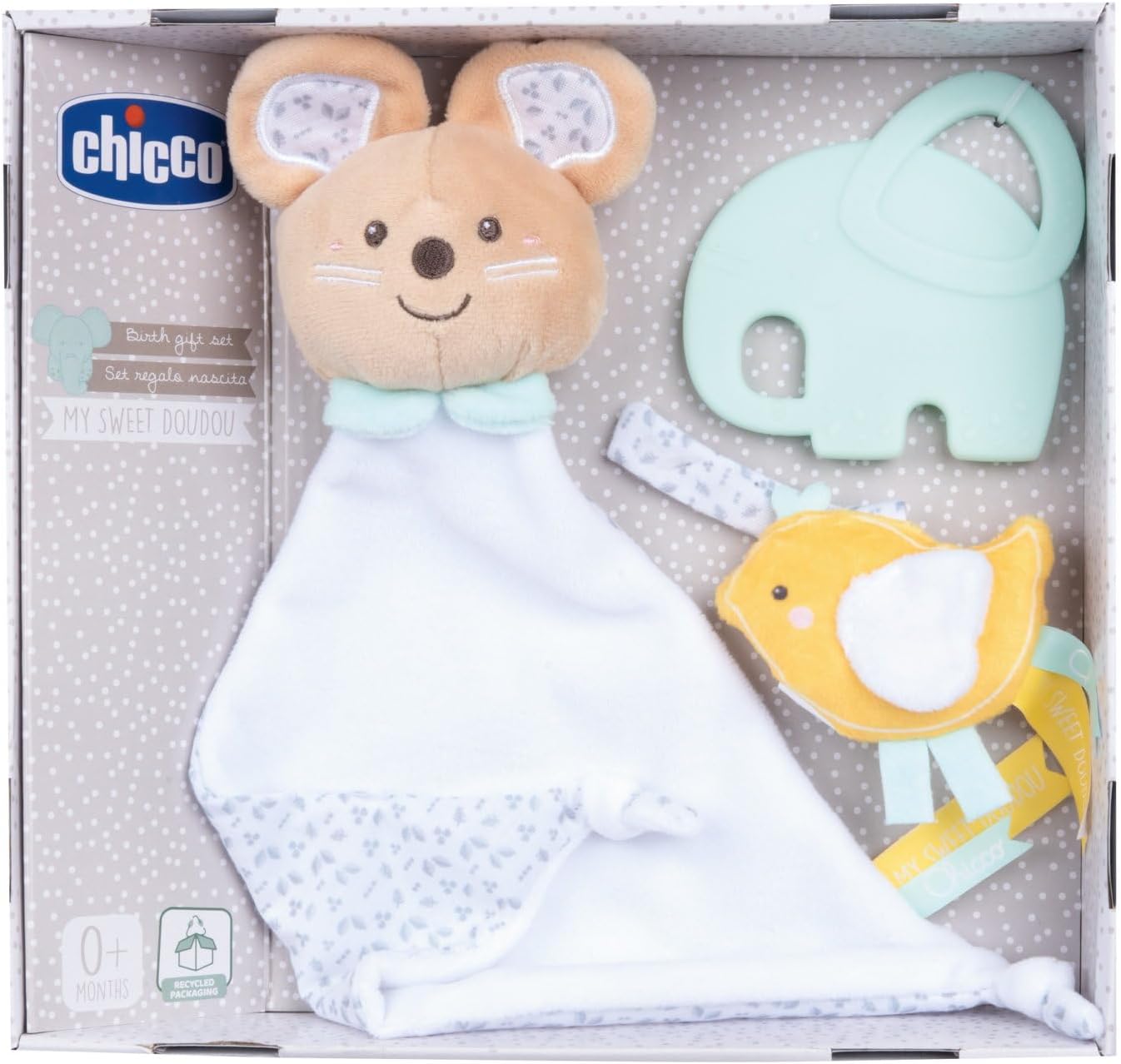 Detalle de Chicco Set Regalo Nascita My Sweet DouDou: DouDou Topolino, Portaciuccio Pulcino e Massaggiagengive Elefantino