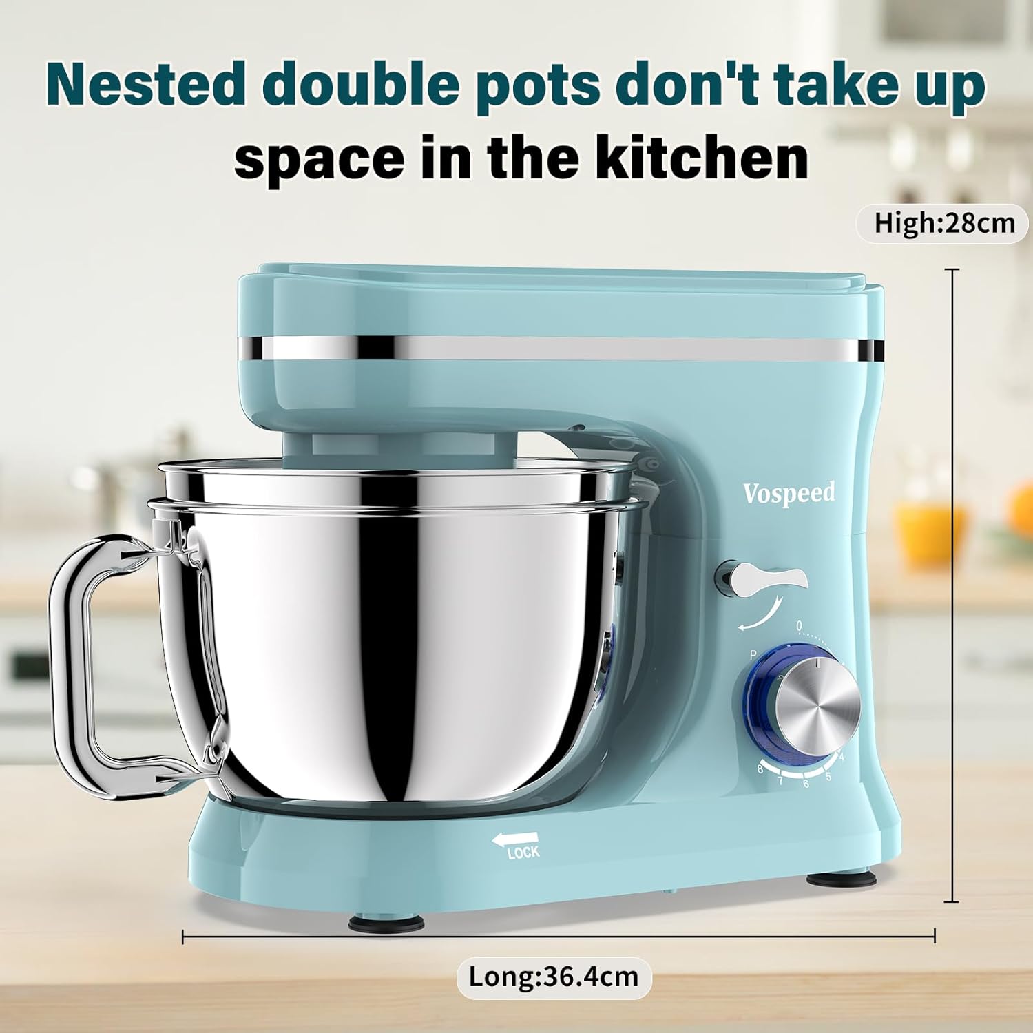 Thumbnail 3 de Vospeed Stand Mixer with 4.5L + 5L bowls, 8-speed 1000W tilt-head electric mixer
