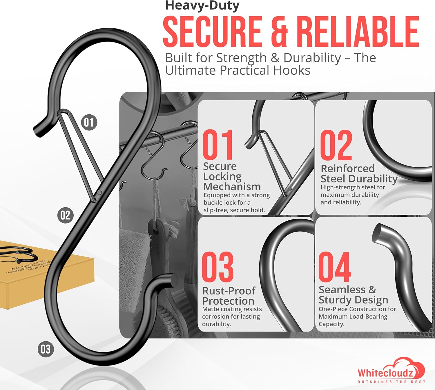 Thumbnail 5 de WHITECLOUDZ 10Pack Heavy Duty S Hooks with Safety Buckle – Wall & Ceiling Hanging Solutions (9.2cm)