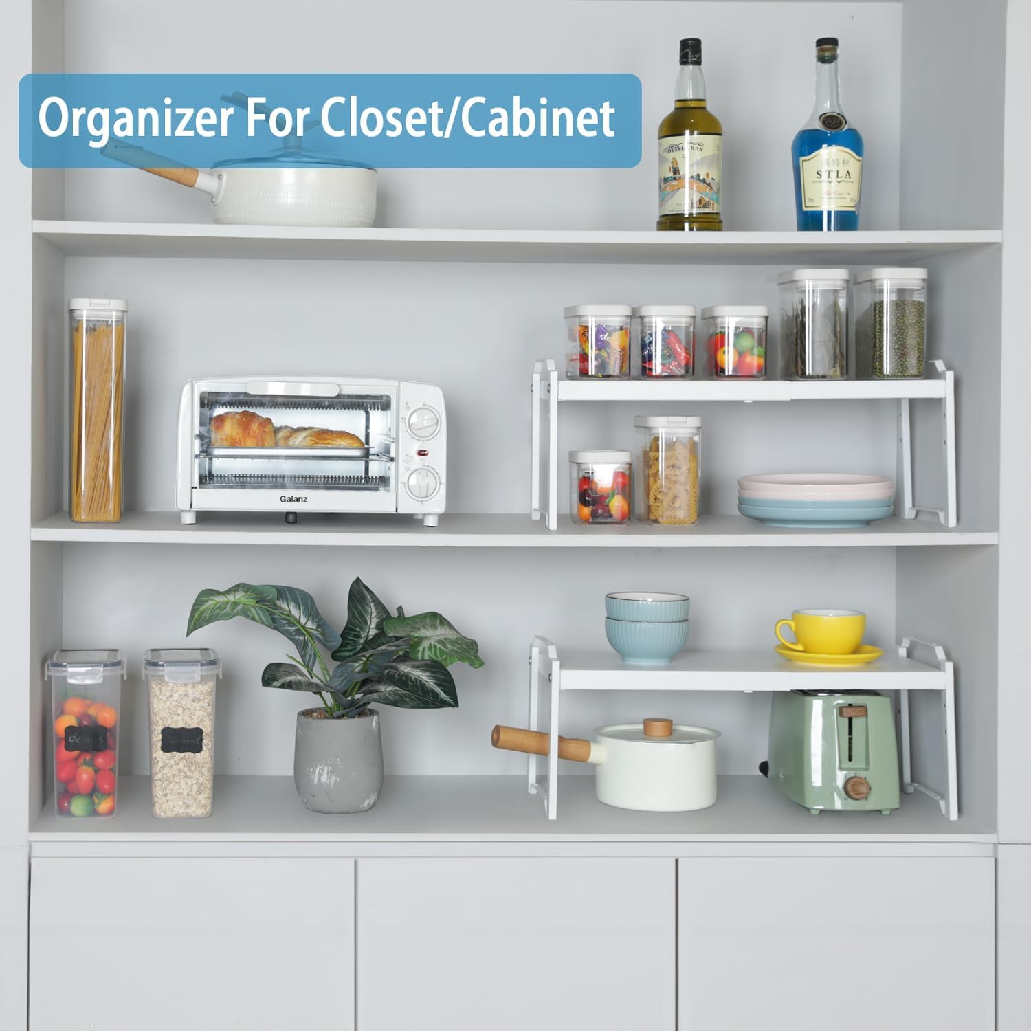 Thumbnail 5 de 2-Pack Expandable Adjustable Kitchen Cabinet Shelves Organizer (Stackable Metal Riser Stand) — 20.5" Length, 22 lbs Capacity