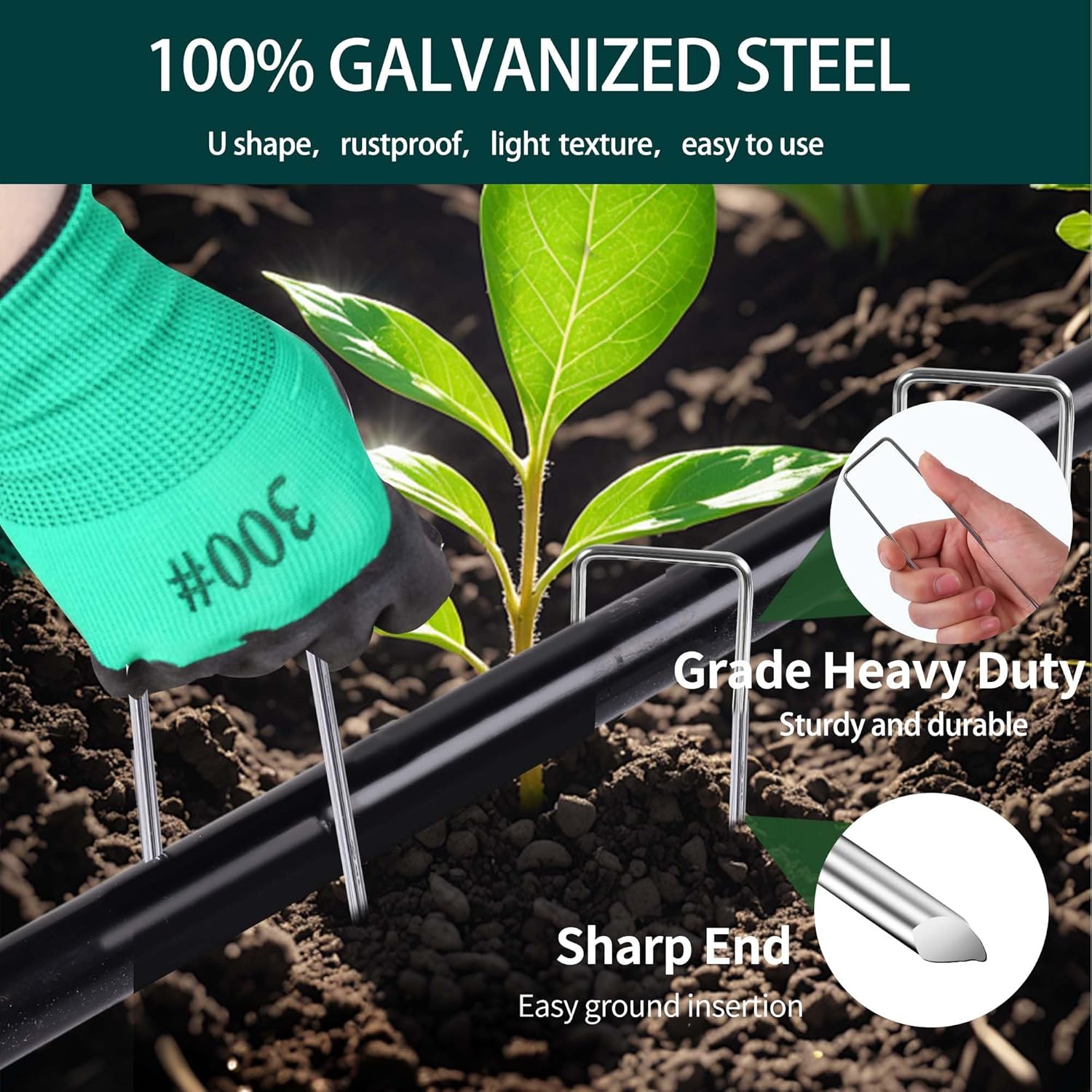 Thumbnail 3 de HuiCloud 50 Weed Control Membrane Pegs + 50 Buffer Washers Heavy Duty Metal Ground Pegs Set with Hook and Gloves