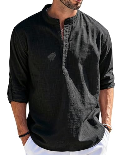 Detalle de Cegerne Camicia Lino Uomo Maniche Lunghe Estiva Traspirante Henley Casual Nero XL